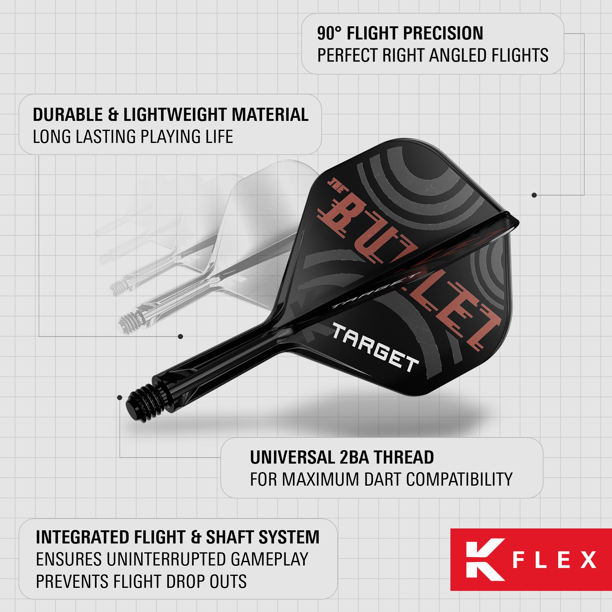 Sistema de eje de vuelo estándar Target K-Flex Stephen Bunting No. 2 Das Bild zeigt die Target K-Flex Stephen Bunting No2 Standard Flights mit integriertem Flight- und Shaft-System. Sie bestehen aus langlebigem, leichtem Material und bieten eine präzise 90° Flugposition.