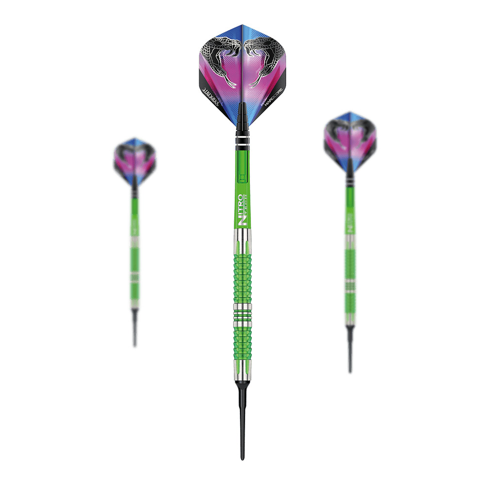 Das Bild zeigt drei Softdarts des Modells "Red Dragon Peter Wright Snakebite Mamba 2". Die Darts sind grün-silbern und haben bunte Flights mit Schlangenmotiven.
