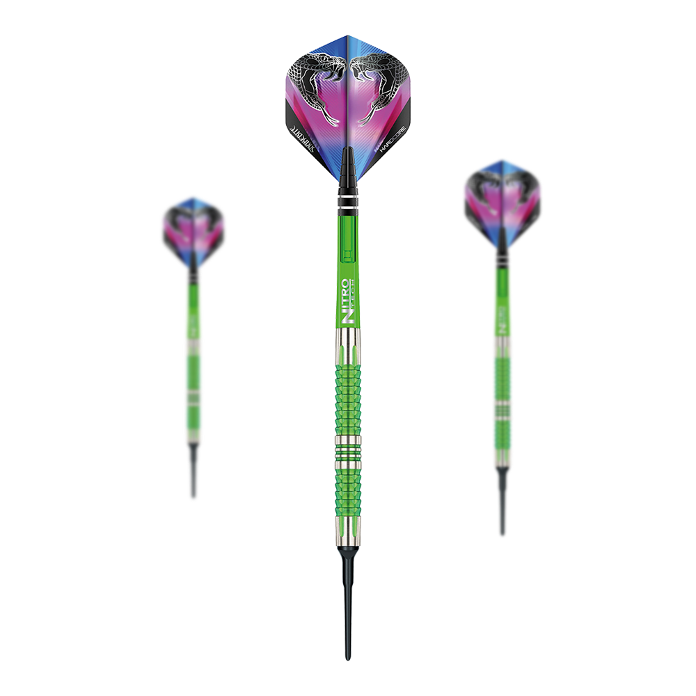 Dardos blandos Red Dragon Peter Wright Snakebite Mamba 2 Das Bild zeigt drei Softdarts des Modells "Red Dragon Peter Wright Snakebite Mamba 2". Die Darts sind grün-silbern und haben bunte Flights mit Schlangenmotiven.