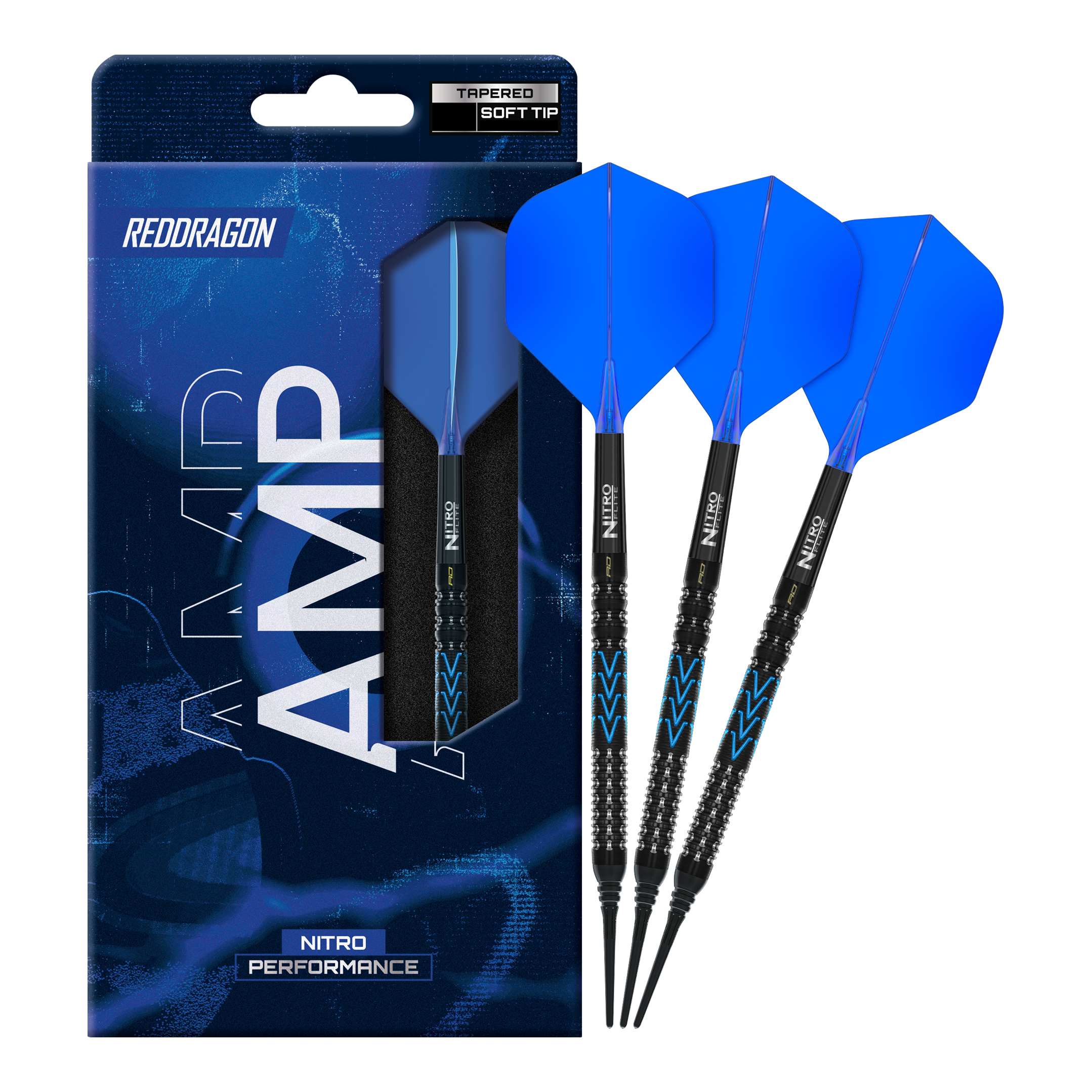 Zu sehen sind Red Dragon Amp Tapered Softdarts mit 20g Gewicht. Diese Darts sind besonders für präzises Werfen geeignet.