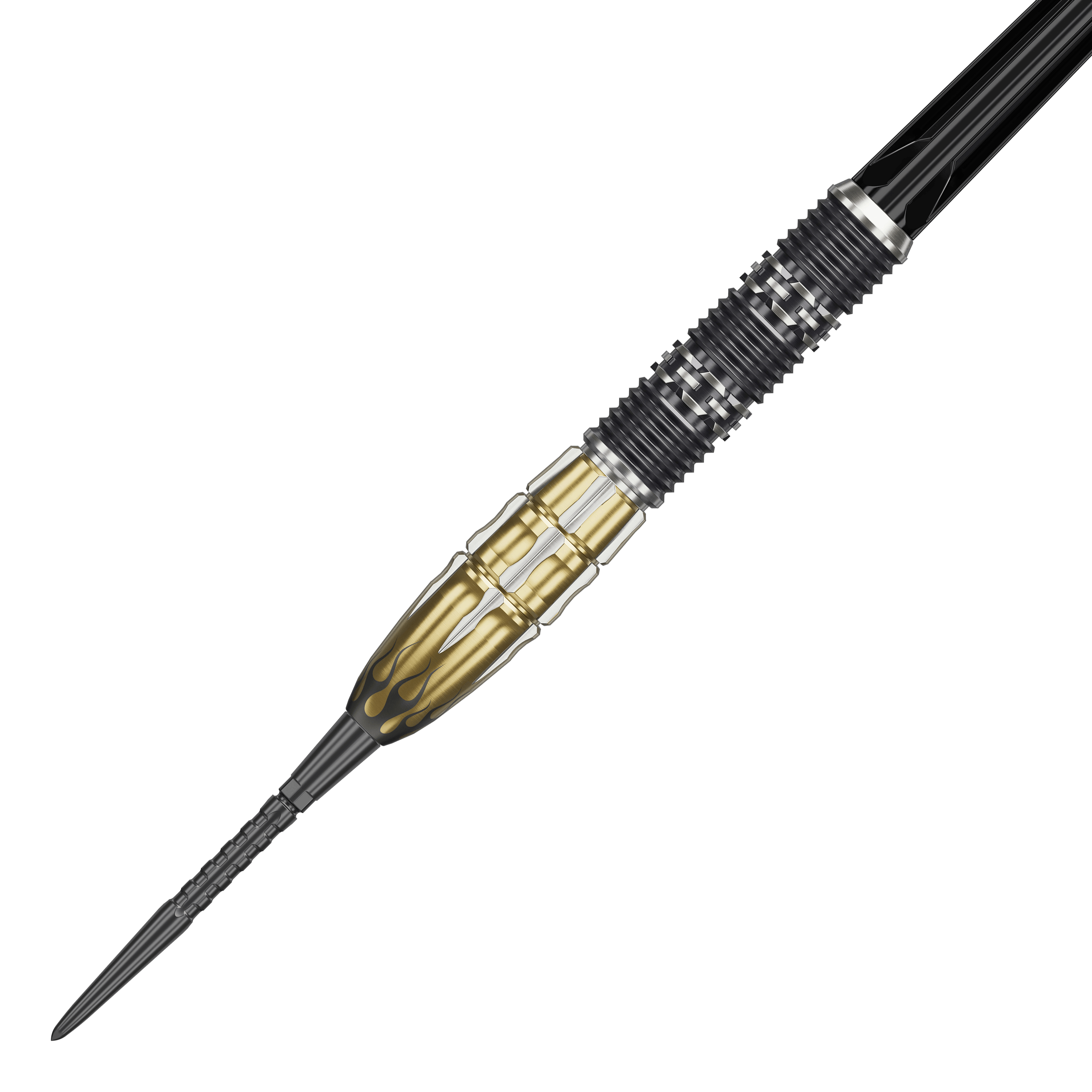 Dardos de acero Target Japan Pyro GEN11 Swiss Point - 22 g Das Bild zeigt den Target Japan Pyro GEN11 Swiss Point Steeldart mit einem Gewicht von 22g. Der Dart ist schwarz-gold gefärbt und hat ein auffälliges Flammen-Design am vorderen Teil.