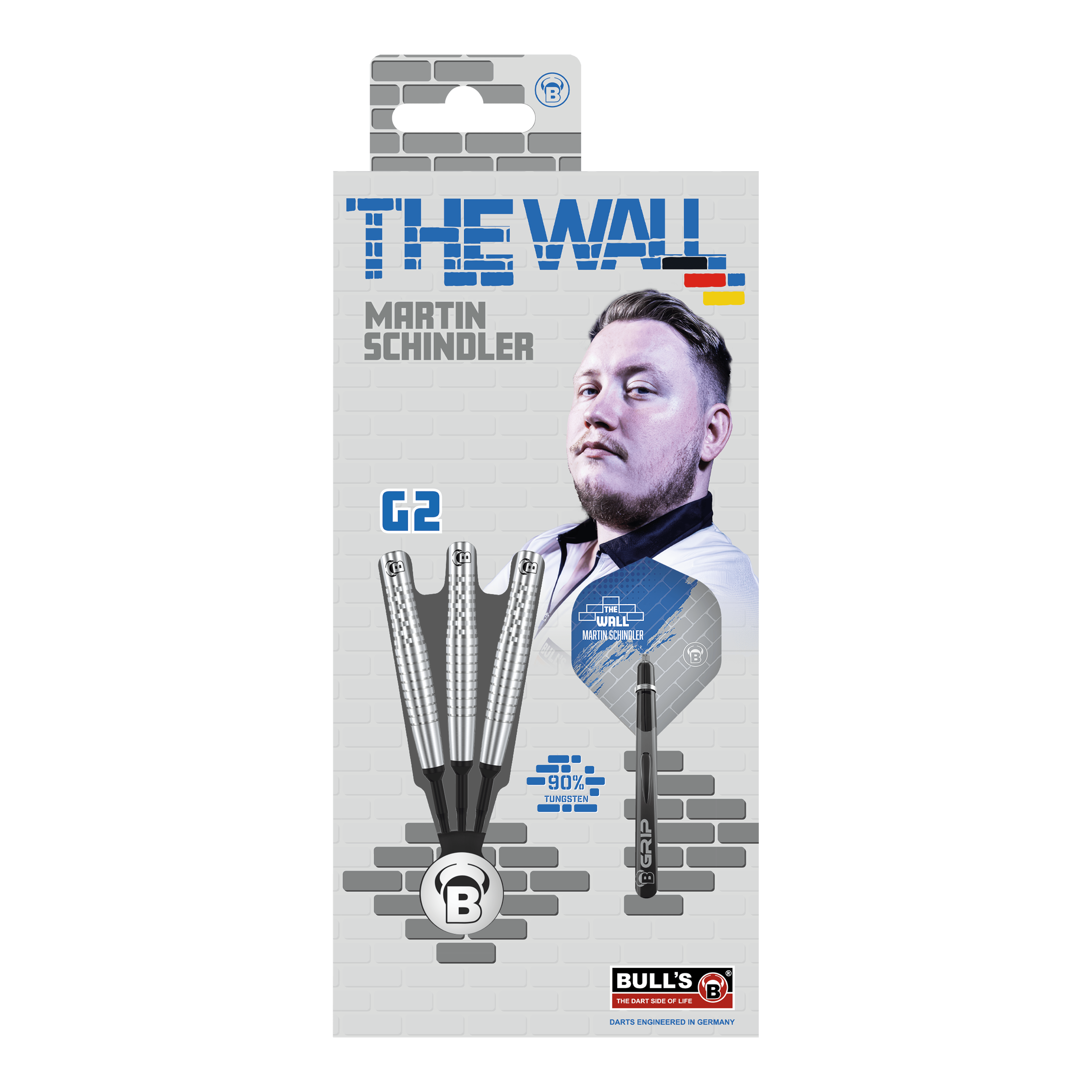Die Verpackung zeigt die "Bulls Martin Schindler Original Generation 2 Softdarts". Auf der Vorderseite ist ein Bild von Martin Schindler und die Darts selbst abgebildet.