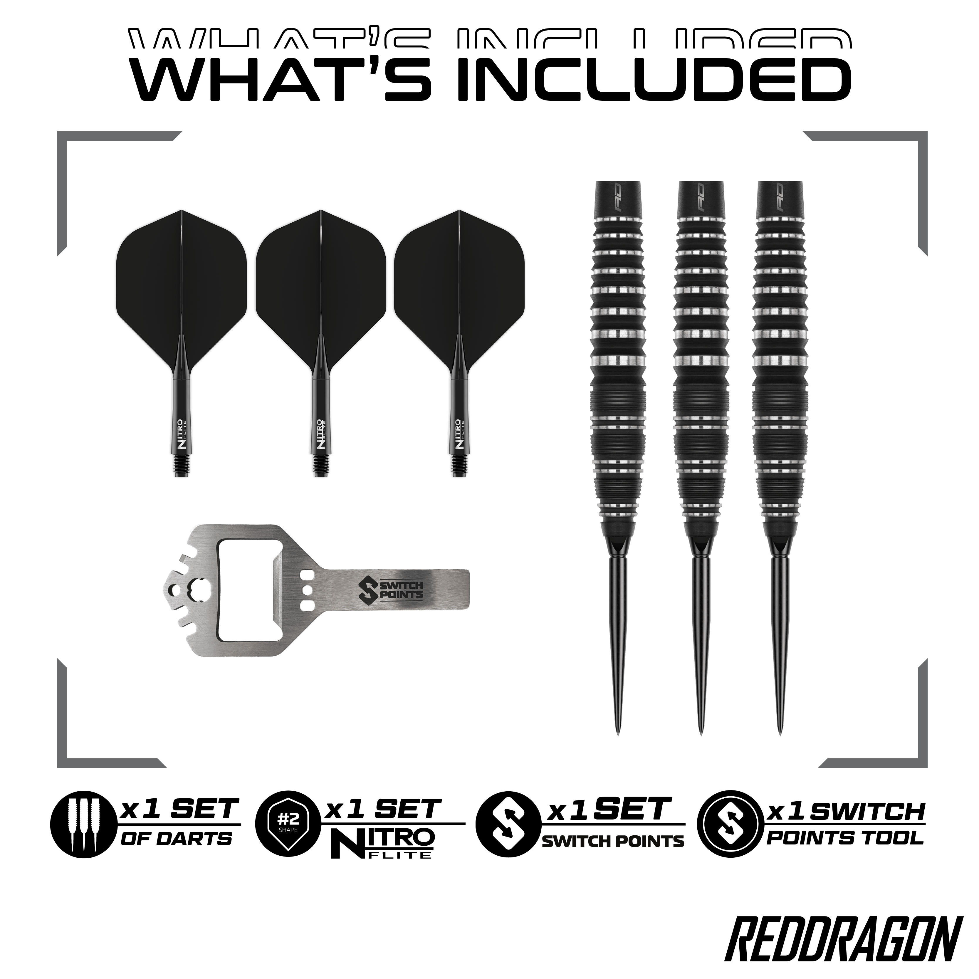 Dardos de acero Red Dragon Sable Bomb Switch Point Das Bild zeigt die Red Dragon Sable Bomb Switch Point Steeldarts. Die Darts haben ein markantes Design und sind speziell für das Steeldartspiel entwickelt.
