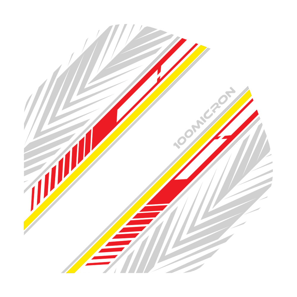 Vuelos de pentatlón blanco/rojo/amarillo Das Bild zeigt ein Dartflight in Weiß mit roten und gelben Streifen sowie grauen Mustern. Auf dem Flight steht der Text "100 MICRON".