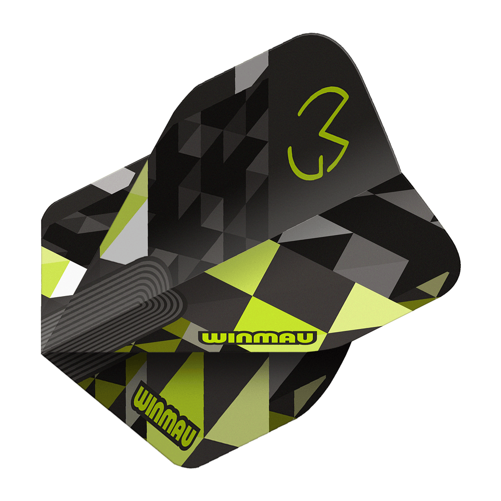 Winmau Prism Delta MvG Logo Verde N°2 Vuelos estándar Das Bild stellt Winmau Prism Delta MvG Logo Green No2 Standard Flights dar. Grüne Dart-Flights mit einem markanten Logo sind abgebildet.