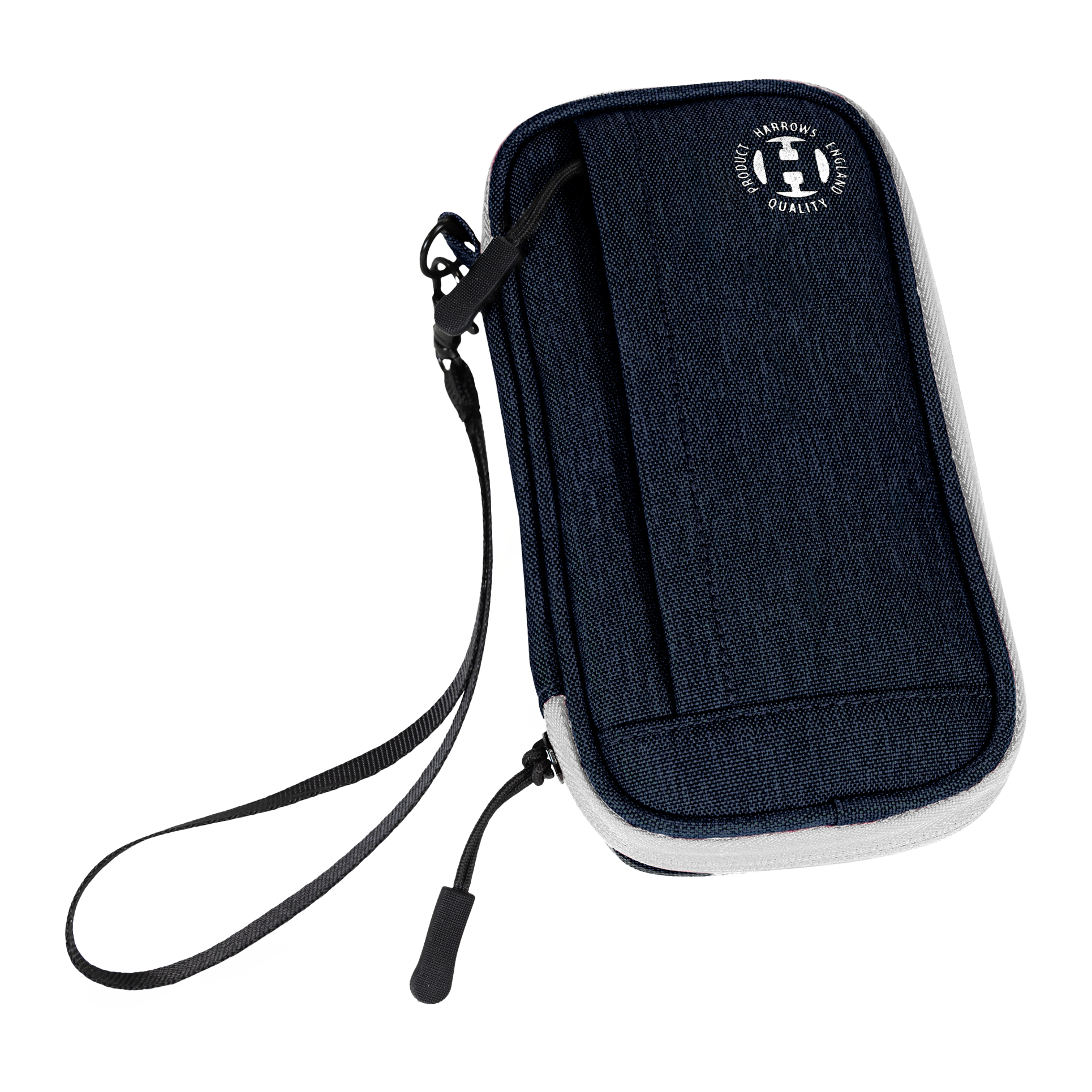 Cartera inteligente Harrows Dartcase Dies ist ein blaues Dart-Etui mit einer Handschlaufe. Auf der Vorderseite befindet sich ein rundes Harrows-Logo.