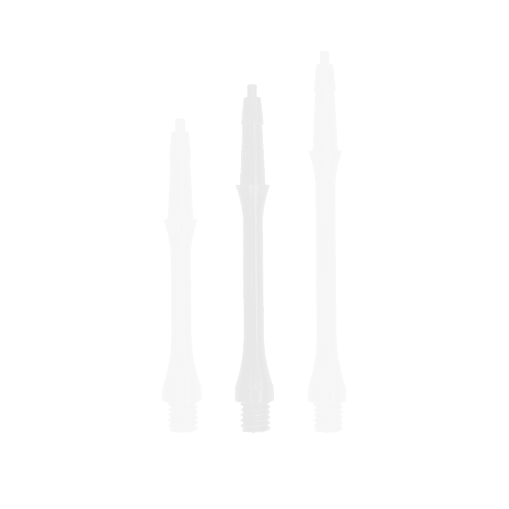 HRC-12596-W_Harrows_Clic_Slim_Shafts_White_30mm_1uZtrih9Jo4QUh Das Bild zeigt drei weiße Harrows Clic Slim Shafts in unterschiedlichen Längen. Sie sind für den Einsatz bei Darts geeignet.