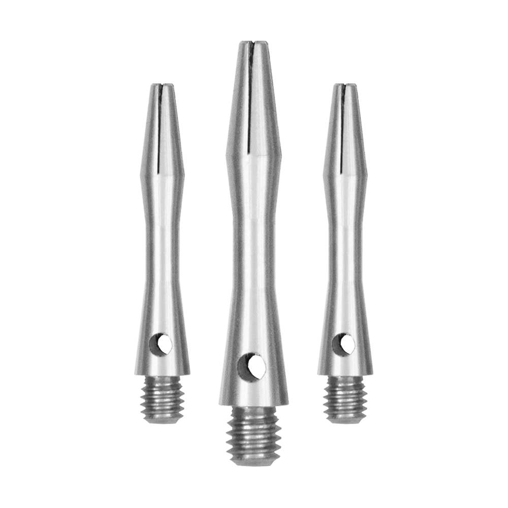 516_Aluminium_Shafts_Silber_30mm_13kjUSXxfoeq0I Das Bild zeigt drei silberne Aluminium-Schäfte in verschiedenen Längen. Sie haben ein glattes, metallisches Finish und ein Schraubgewinde am unteren Ende.