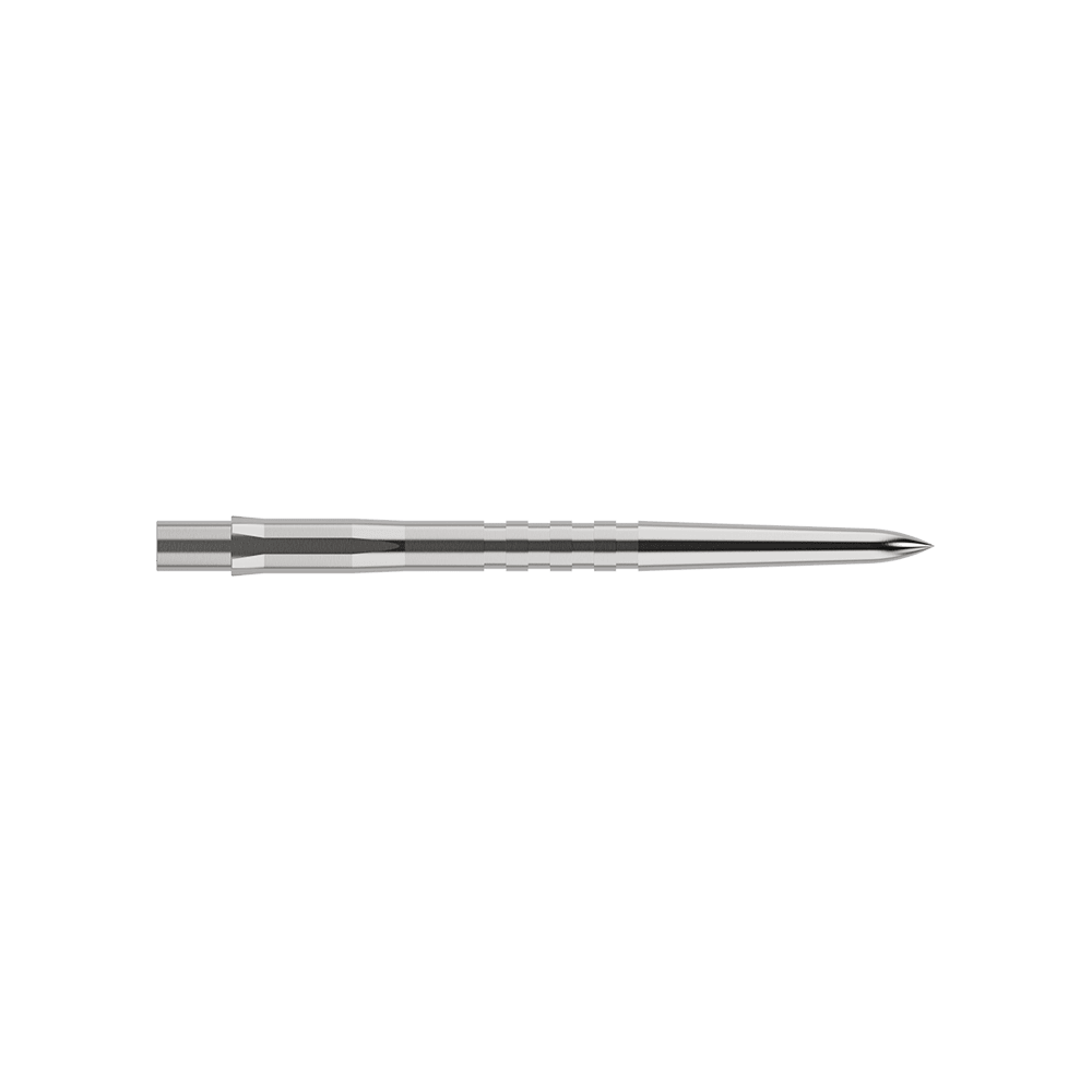 Puntas de dardos Mission Caliburn EVO - Ranuradas - Plateadas Auf dem Bild ist eine silberne, gerillte Steeldartspitze zu sehen. Sie ist schmal, lang und misst 32 mm in der Länge.