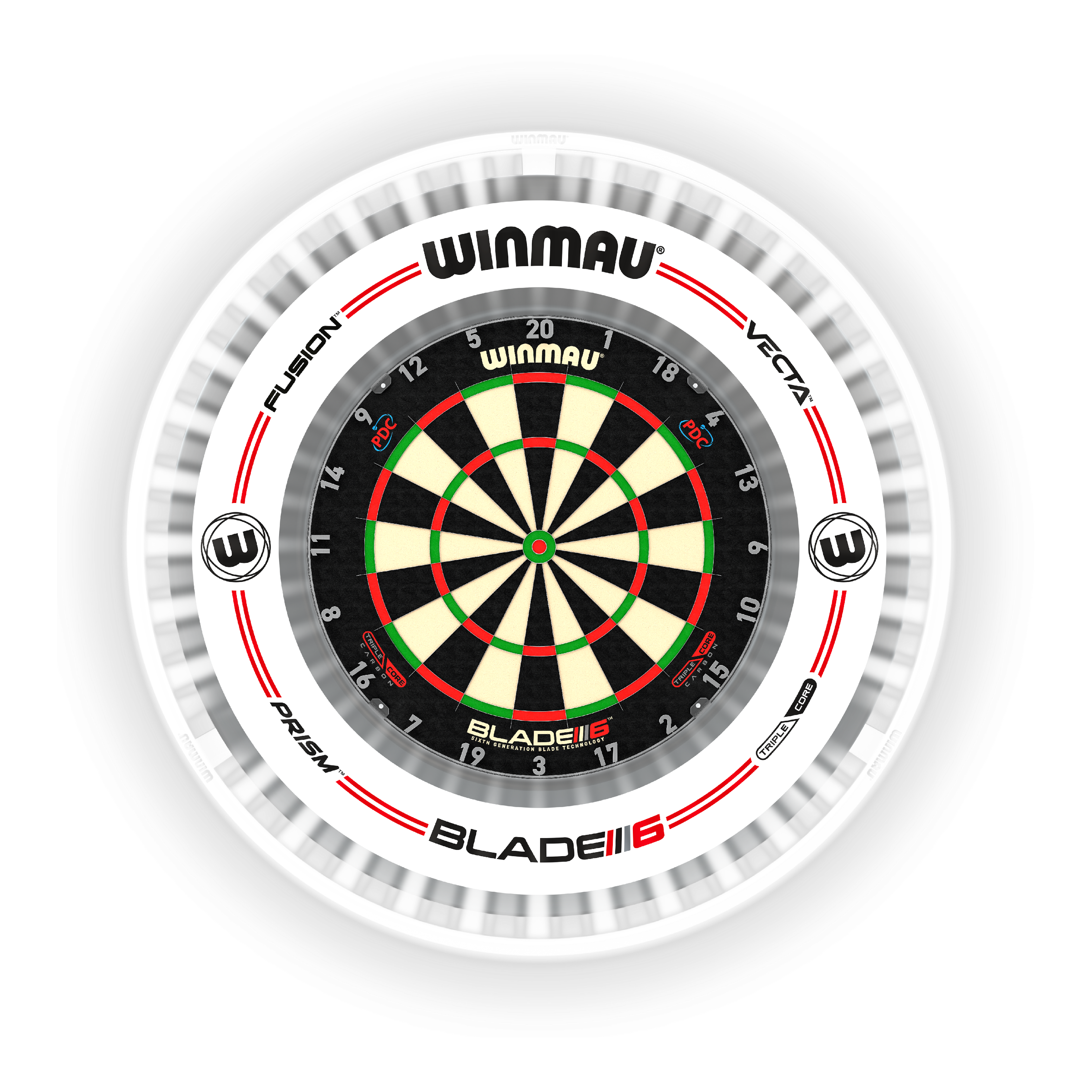 Luz LED para diana Winmau Plasma Ice Das Bild zeigt das Produkt "Winmau Plasma Ice LED Dartboard Light" um ein Dartboard. Es sorgt für eine helle und gleichmäßige Ausleuchtung der Dartscheibe.