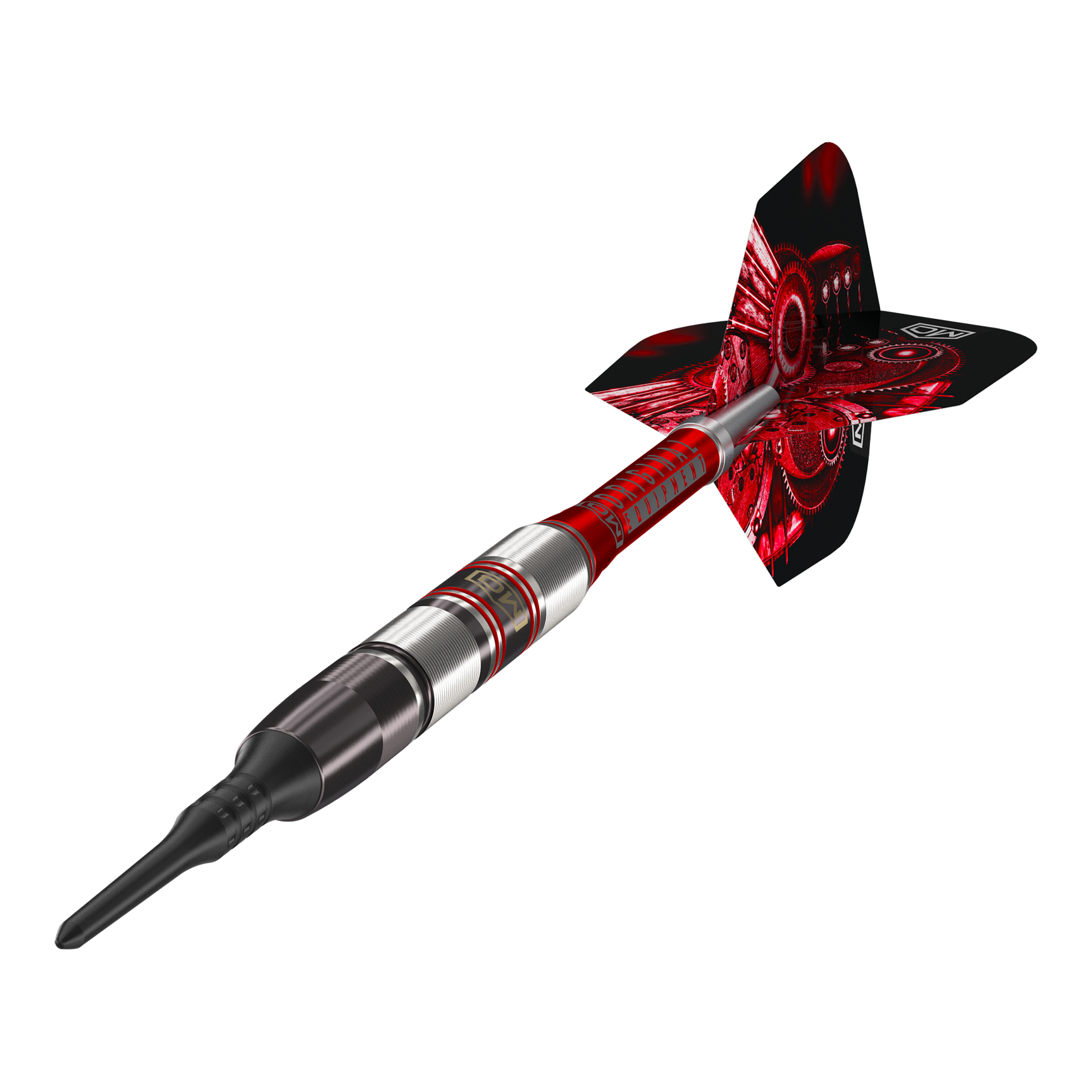 Dardos blandos DW Piranha Razor 02 Das Bild zeigt den DW Piranha Razor 02 Softdart. Der Dart hat ein modernes Design mit roten und silbernen Akzenten.