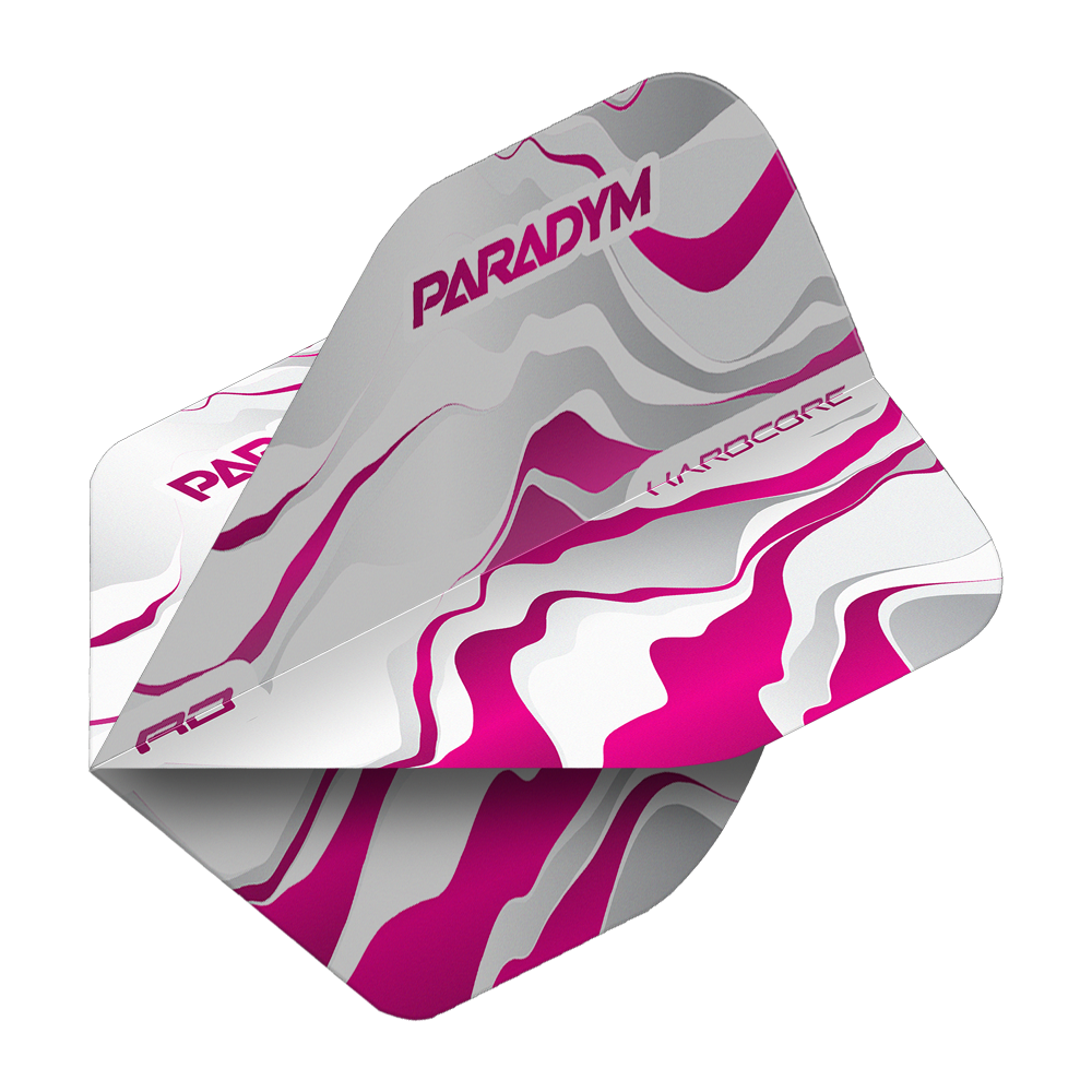 Das Bild zeigt die Red Dragon Hardcore Premium Paradym Pink Premium No2 Standard Flights. Es handelt sich um Dartflights in einer auffälligen pinken Farbe.
