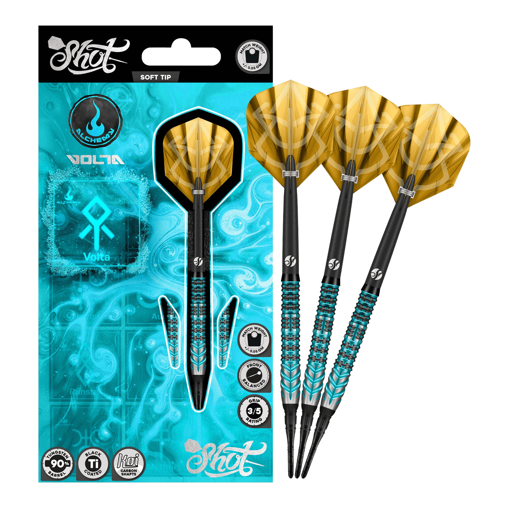 Auf dem Bild sind die Shot Alchemy Volta Softdarts - 20g zu sehen. Die Softdarts sind vollständig abgebildet.