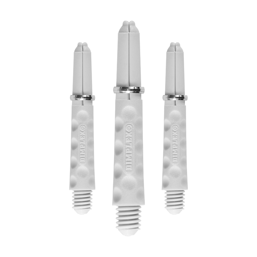 HR323_Harrows_Dimplex_Shafts_Weiss_34mm_1fjQ8vyep6F2cR Das Bild zeigt drei weiße Dartschäfte mit einer strukturierten Oberfläche. Auf jedem Schaft steht das Wort "DIMPLEX" eingeprägt.