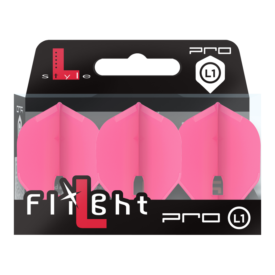 L-Style Champagne L1PRO Flights Auf dem Bild ist eine Packung mit drei pinken Dart-Flights der Marke L-Style zu sehen. Die Verpackung zeigt den Schriftzug "Flight Pro L1" auf der Vorderseite.