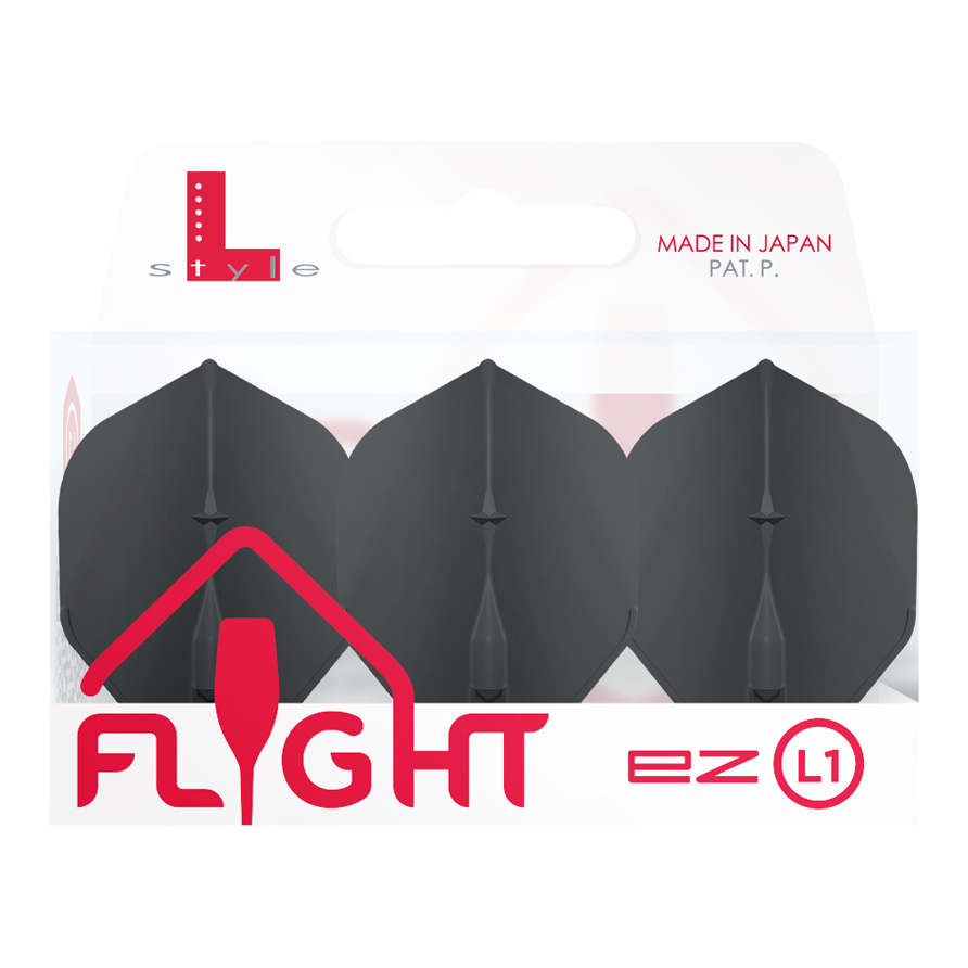 Vuelos estándar L-Style Champagne L1EZ Die Abbildung zeigt eine Packung mit L-Style Champagne L1EZ Standard Flights. In der Verpackung befinden sich drei schwarze Dartflights.
