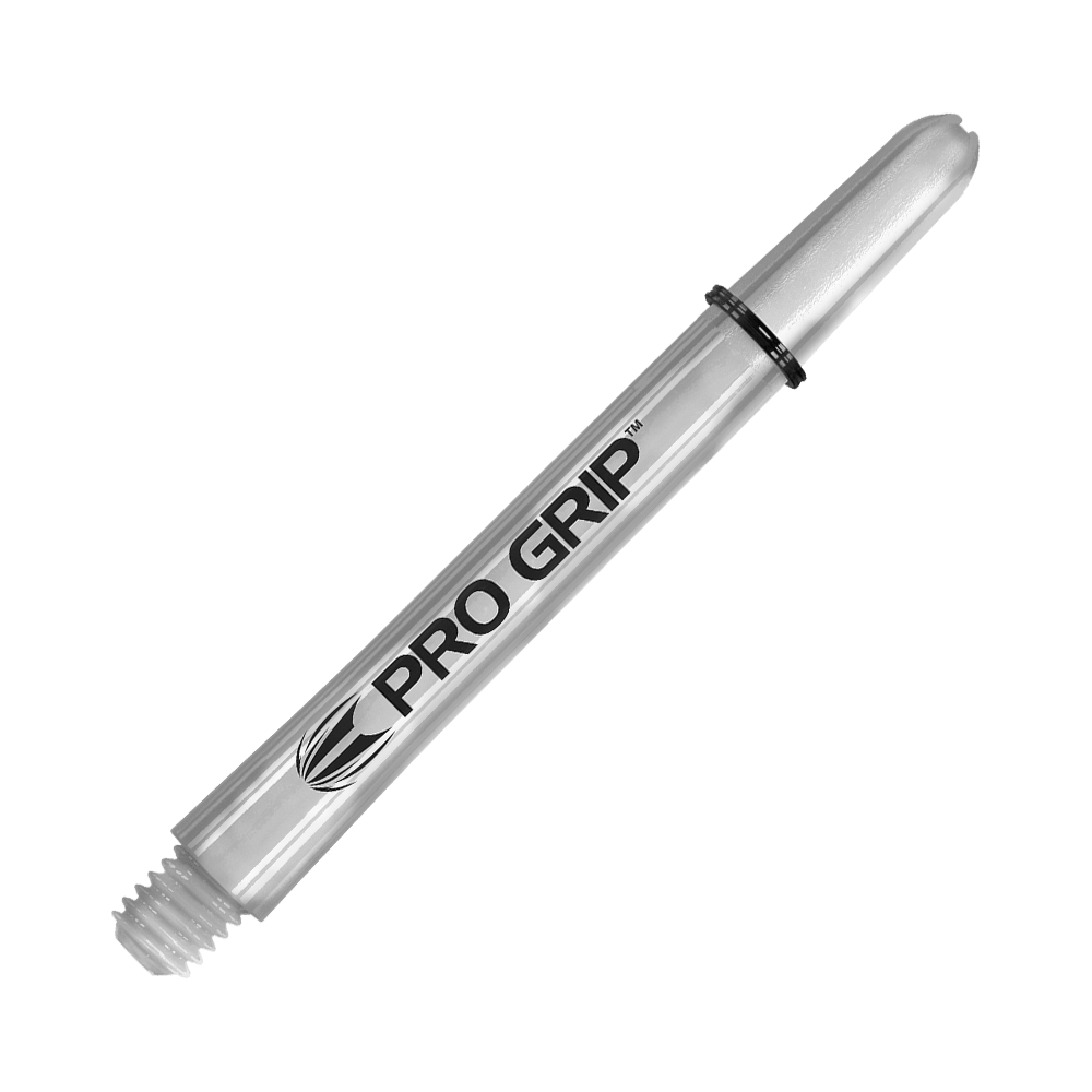 Varillas Target Pro Grip - 3 juegos - Transparentes Das Bild zeigt einen transparenten "Pro Grip" Schafts für Darts. Der Schaft ist 48 mm lang und hat ein einfaches, klares Design.
