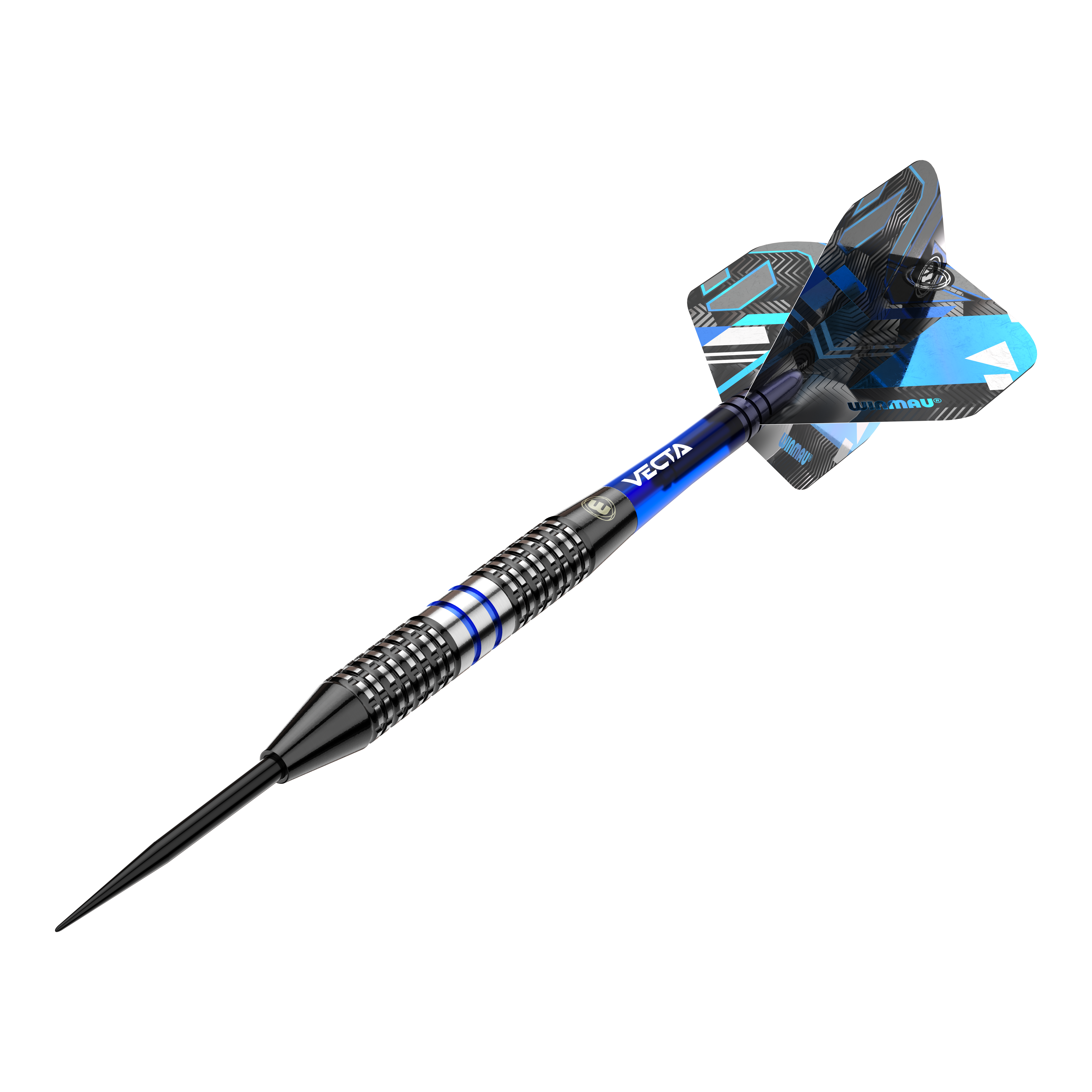 Dardos de acero Winmau Galactics Das Bild zeigt einen Winmau Galactics Steeldart mit einem modernen Design. Der Dart hat blaue und silberne Akzente sowie ein auffälliges Flight-Muster.
