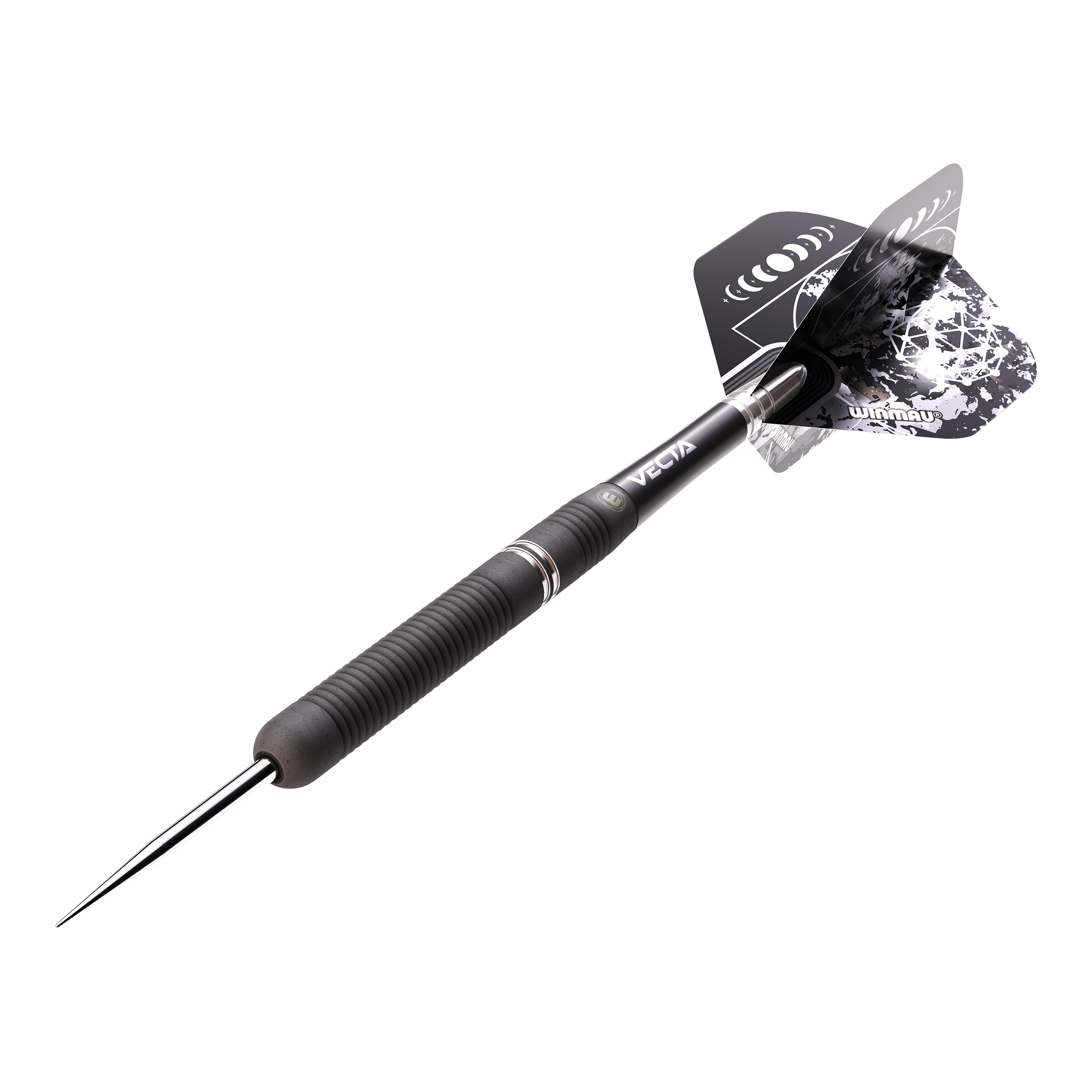 Dardos de acero Winmau Callisto 01 Das Bild zeigt einen Winmau Callisto 01 Steeldart. Der Dartpfeil hat ein schwarzes, geriffeltes Griffstück und schwarze Flights mit weißem Muster.