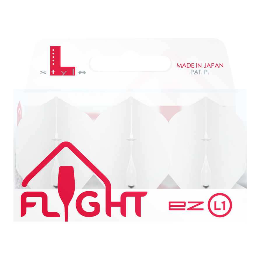 Vuelos estándar L-Style Champagne L1EZ Die Abbildung zeigt eine Packung der "L-Style Champagne L1EZ Standard Flights". Die Flights sind weiß und werden in Japan hergestellt.