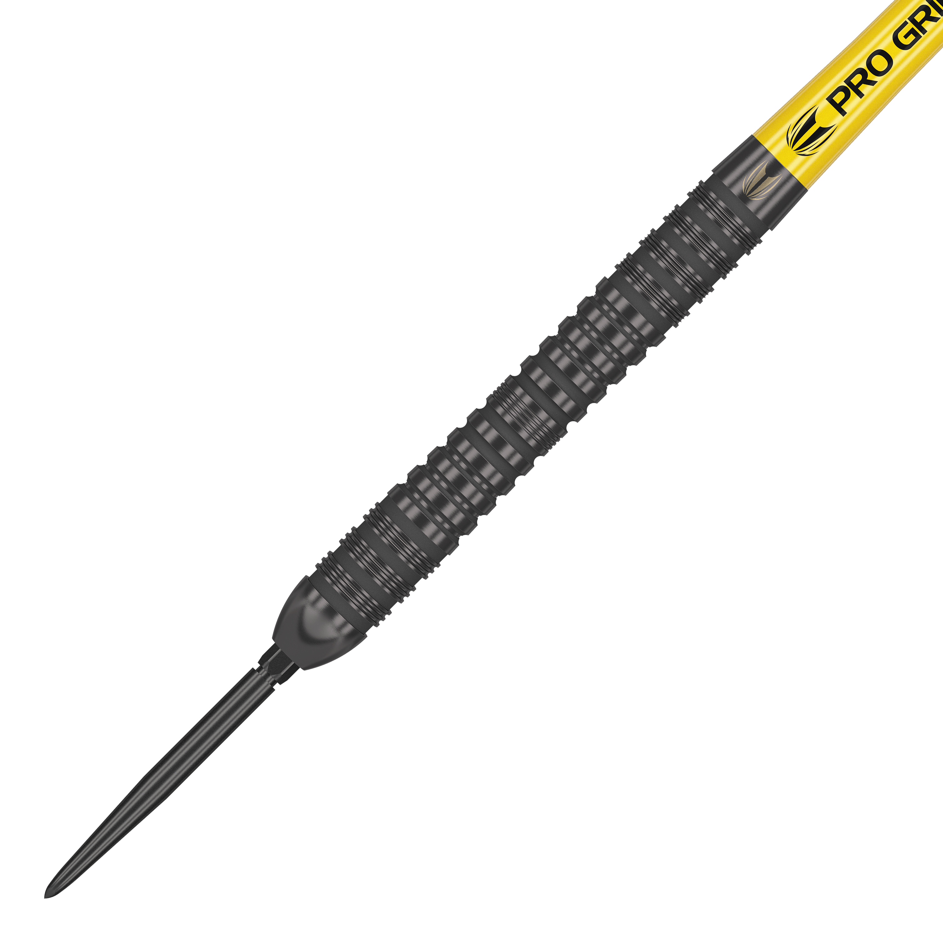 Dardos de acero Target Bolide Void 04 Swiss Point Das Bild zeigt einen Target Bolide Void 04 Swiss Point Steeldart. Der Dart hat ein schwarzes, geriffeltes Barrel und einen gelben Schaft mit der Aufschrift "PRO GRIP".