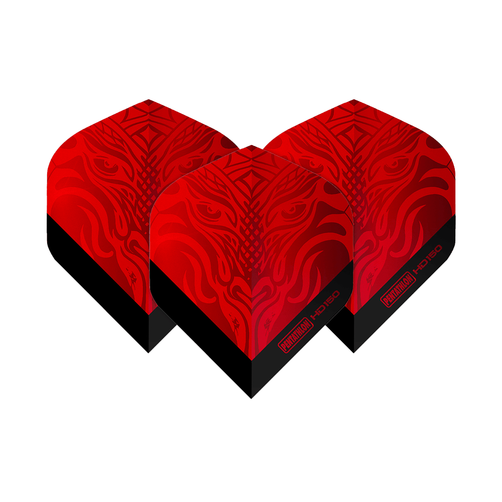 Vuelos estándar Pentathlon HD150 rojo metalizado Das Bild zeigt drei rote Dart-Flights mit einem auffälligen, metallischen Muster. Auf den Flights steht "Pentathlon HD150" in schwarzer Schrift.