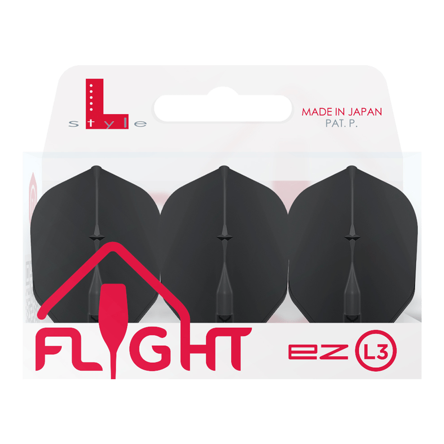 Vuelos L-L-Style3EZ Auf dem Bild ist eine Packung mit drei schwarzen Dartflights der Marke L-Style zu sehen. Die Verpackung trägt die Aufschrift „MADE IN JAPAN“ und „FLIGHT ez L3“.