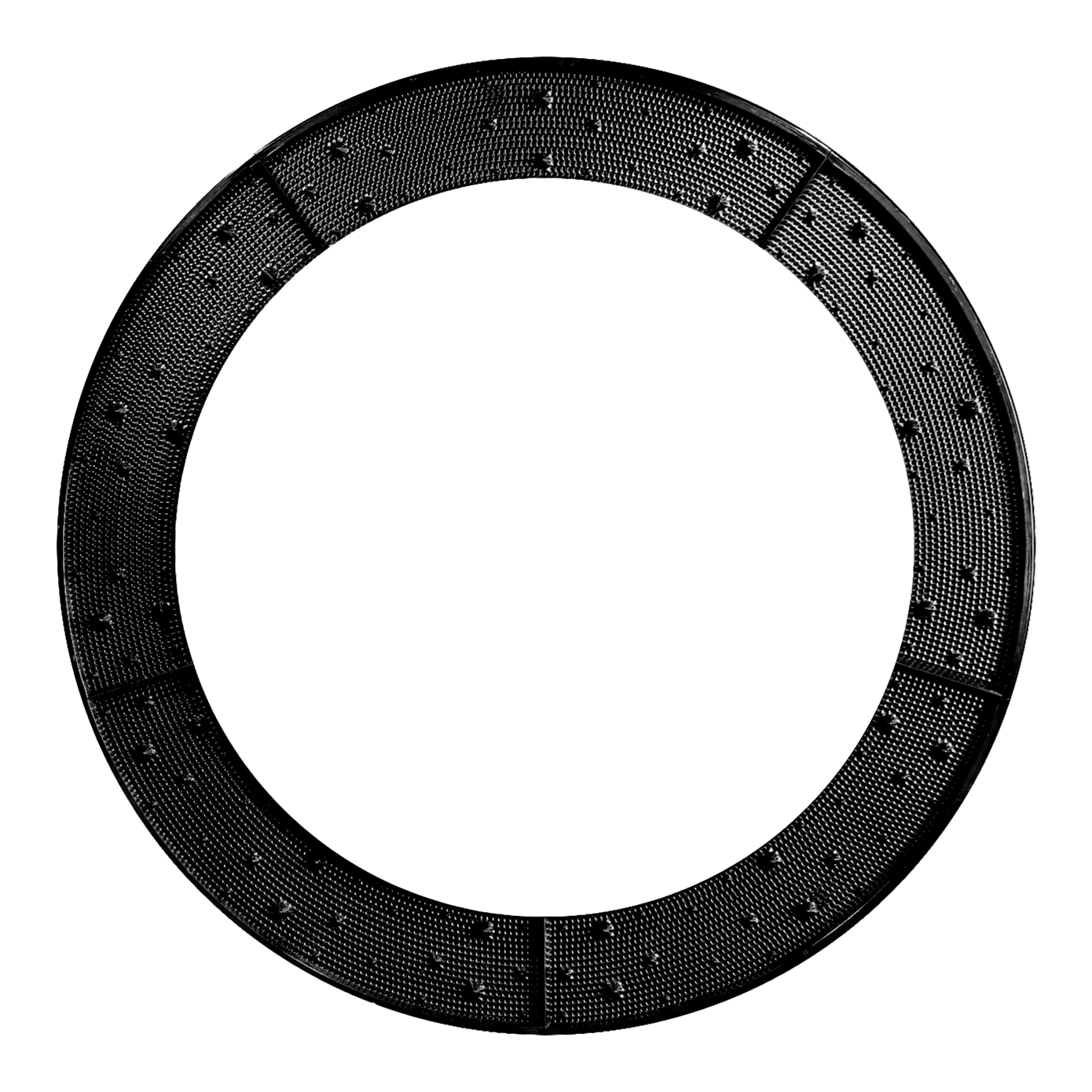 Das Bild zeigt einen schwarzen, ringförmigen Wurfkranz mit sichtbaren Noppen auf der Oberfläche. Der Ring ist in mehrere Segmente unterteilt.