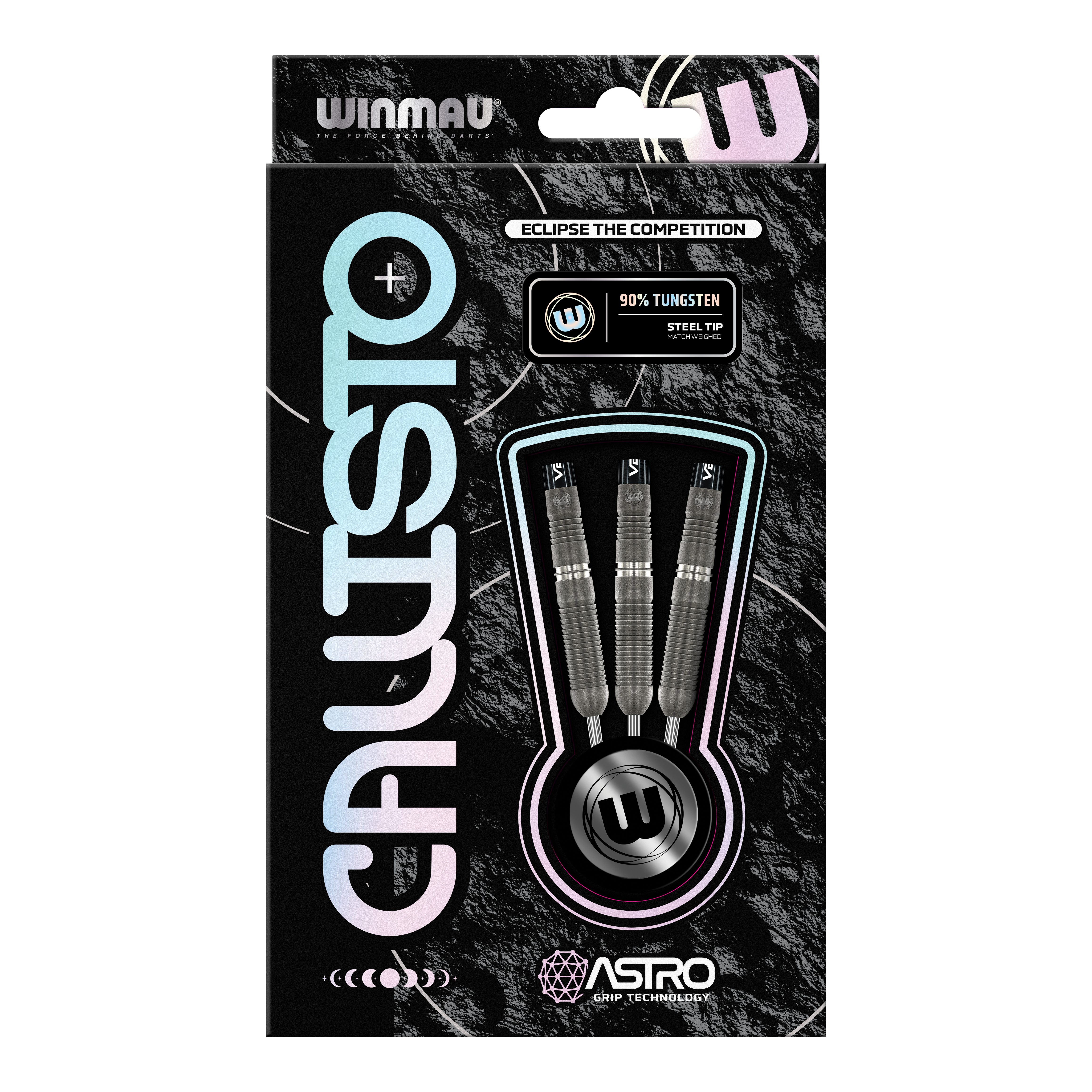 Dardos de acero Winmau Callisto 03 Das Bild zeigt eine Verpackung der "Winmau Callisto 03 Steeldarts". Drei Steeldarts mit 90% Tungsten und Astro Grip Technologie sind sichtbar durch ein Sichtfenster präsentiert.