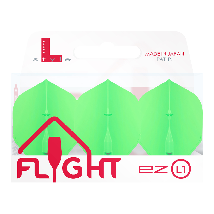 Vuelos estándar L-Style Champagne L1EZ Das Bild zeigt eine Packung der "L-Style Champagne L1EZ Standard Flights" in grün. Die Verpackung ist weiß und hebt hervor, dass das Produkt in Japan hergestellt wurde.
