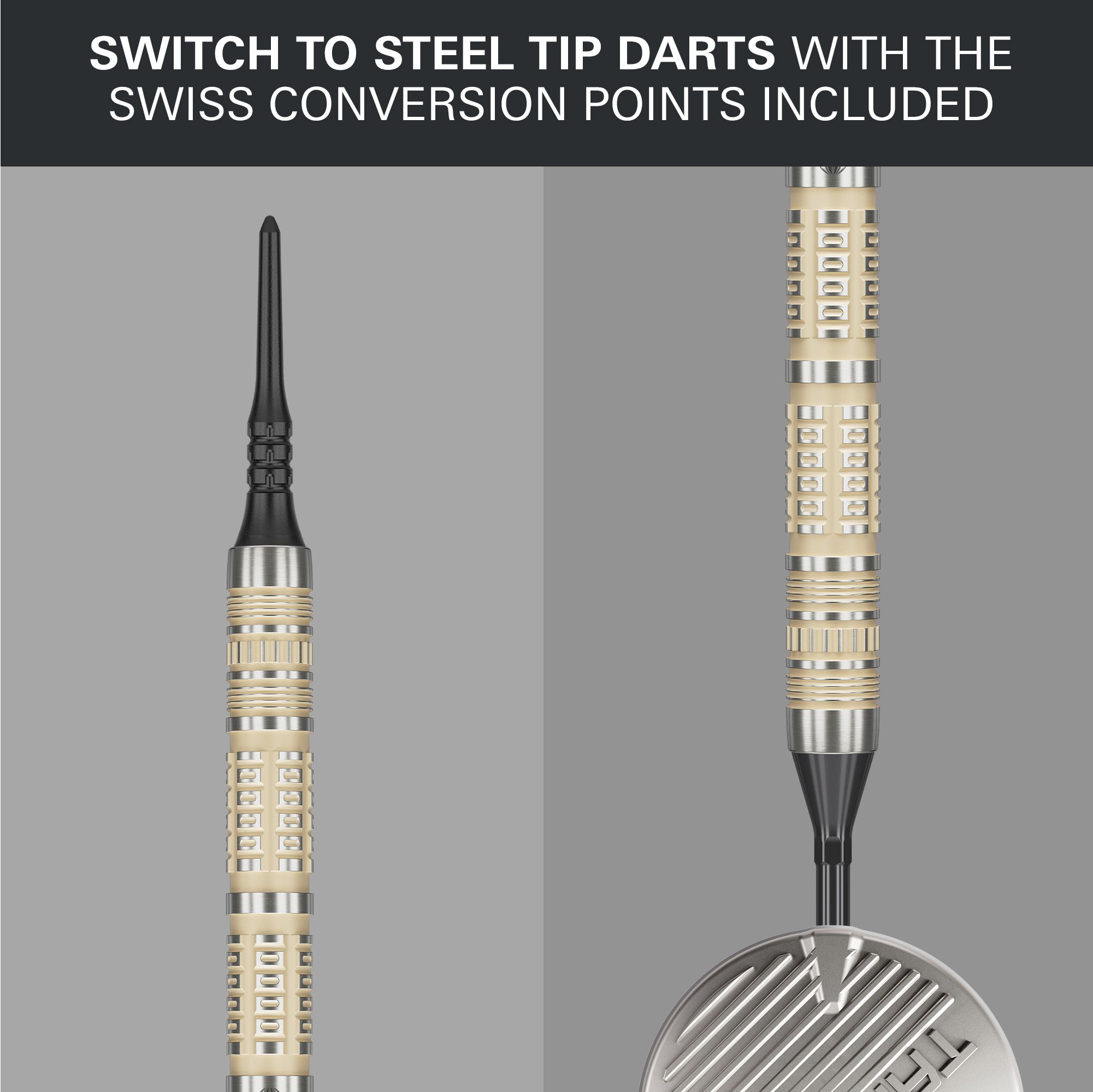 Abgebildet ist das Produkt Target Dimitri Van Den Bergh 95K Softdarts - 19g. Diese weichen Darts sind hochwertig verarbeitet und eignen sich für präzises Spiel.