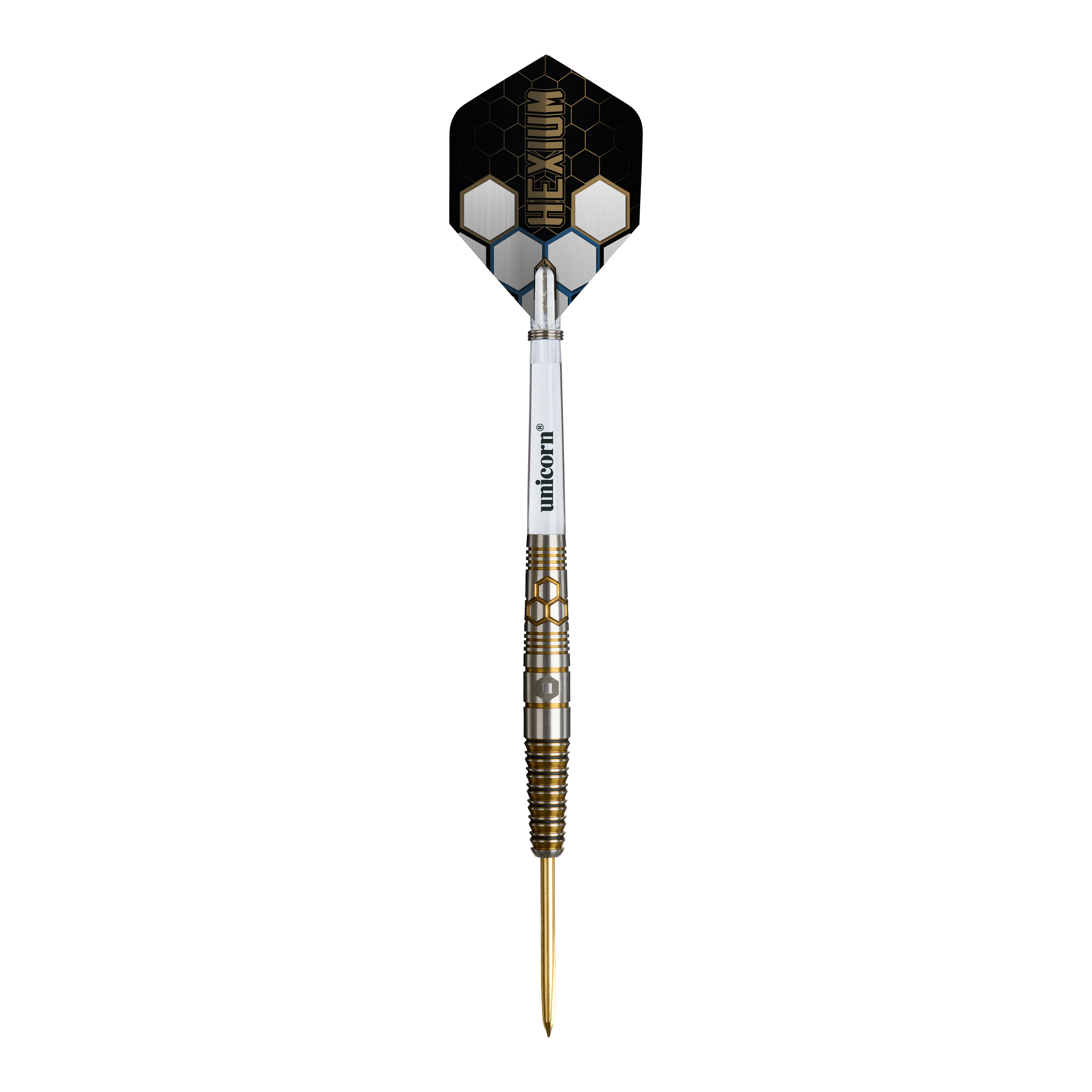 Dardos de acero Unicorn Hexium Style 03 dorados y negros Unicorn Hexium Style 03 Gold & Black Steeldarts werden in dieser Abbildung dargestellt. Die besondere Gold-Schwarz-Optik hebt die Darts hervor.