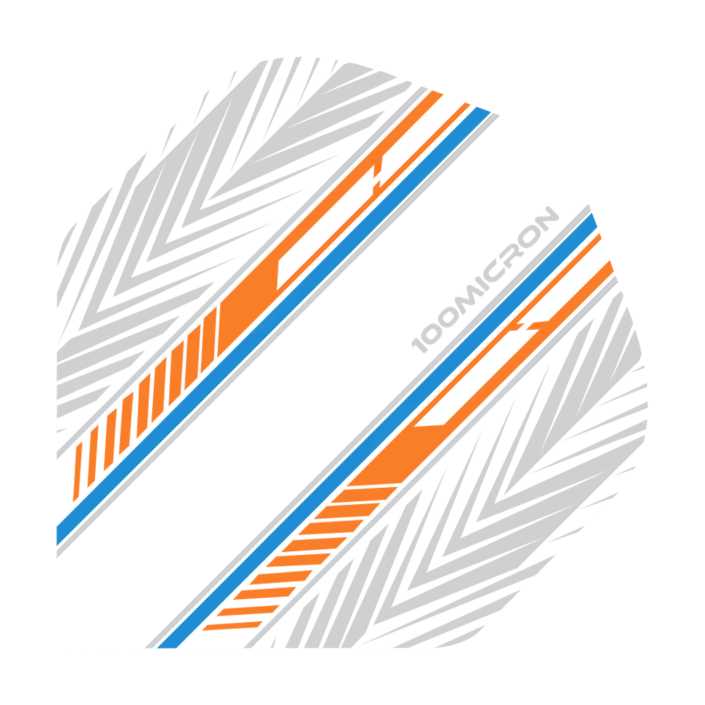 Vuelos de pentatlón blanco/naranja/azul Das Bild zeigt ein Dartflight mit einem weißen Hintergrund und auffälligen orange-blauen Streifen. Zusätzlich sind graue geometrische Muster und der Schriftzug "100MICRON" zu sehen.