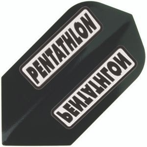 p61 Das Bild zeigt ein schwarzes Dart-Flight mit dem Aufdruck "PENTATHLON". Es handelt sich um das Produkt "Pentathlon Flights P61".