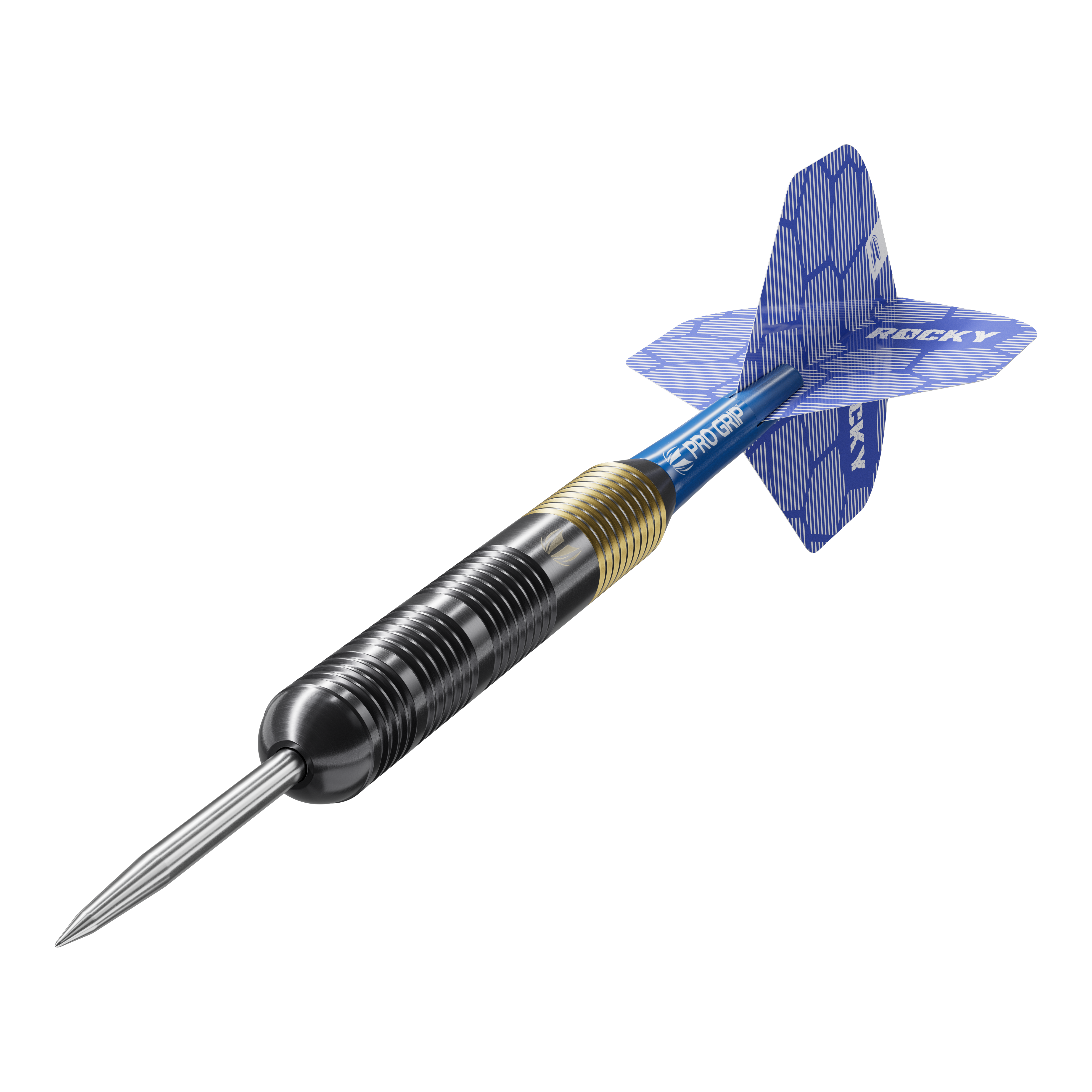 Dardos de acero y latón Target Josh Rock - 22 g Das Bild zeigt einen Target Josh Rock Brass Steeldart mit einem Gewicht von 22g. Der Dart hat eine messingfarbene und schwarze Spitze sowie blaue Flights mit der Aufschrift "ROCKY".