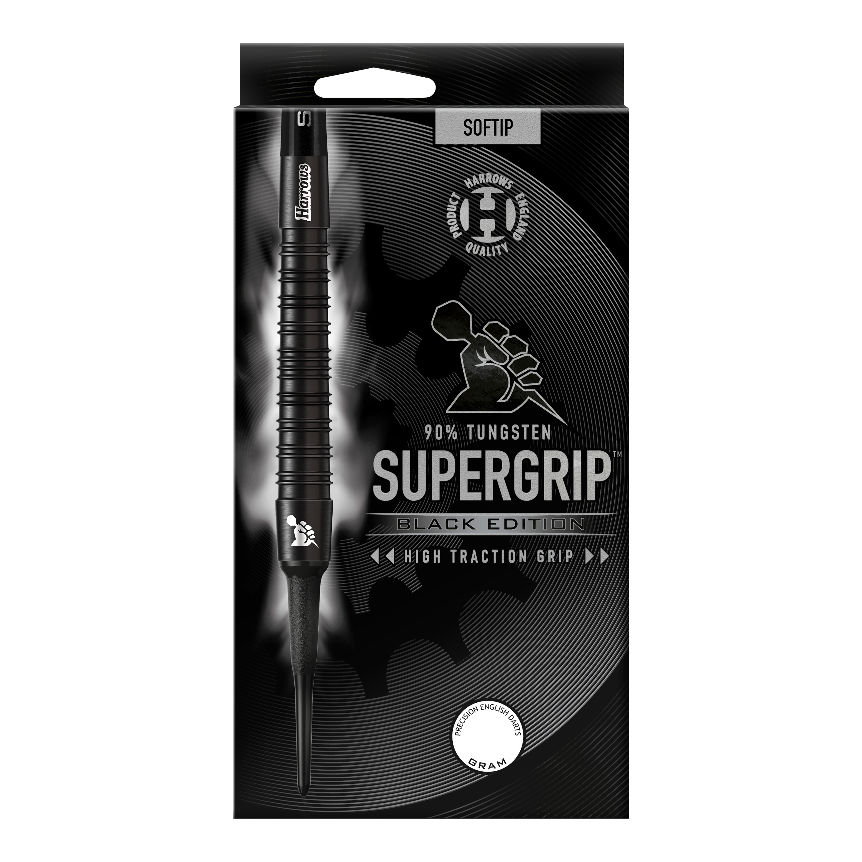 Dardos blandos Harrows Supergrip Black Edition Das Bild zeigt die Verpackung der "Harrows Supergrip Black-Edition Softdarts". Die Darts bestehen zu 90 % aus Tungsten und haben eine hohe Griffigkeit.