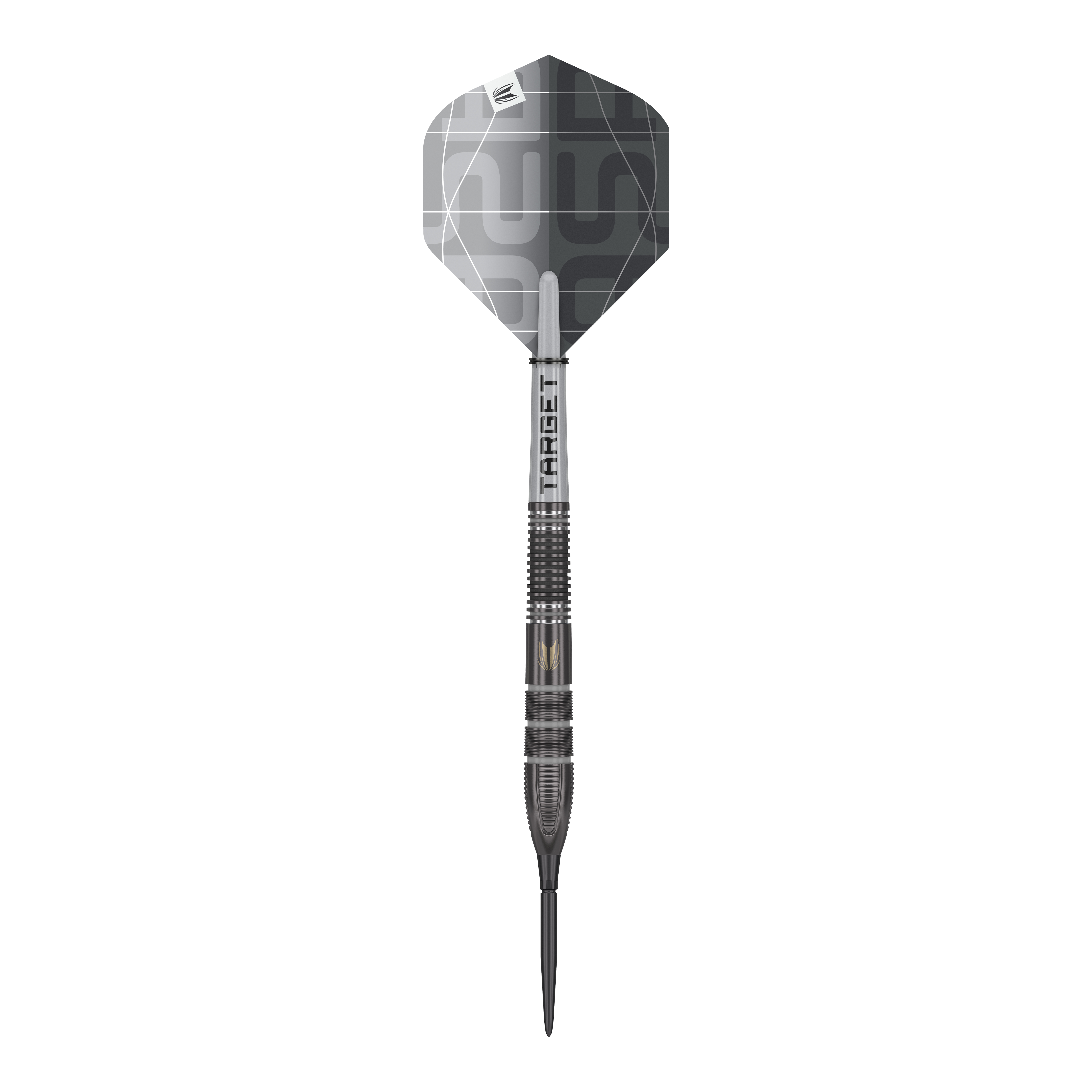 Dardos de acero Target Nathan Aspinall X Echo Swiss Point Der "Target Nathan Aspinall X Echo Swiss Point Steeldarts" ist ein hochwertiger Steeldart in elegantem Schwarz-Grau-Design. Er besitzt eine fein gerillte Griffstruktur und moderne, geometrische Muster auf dem Flight.