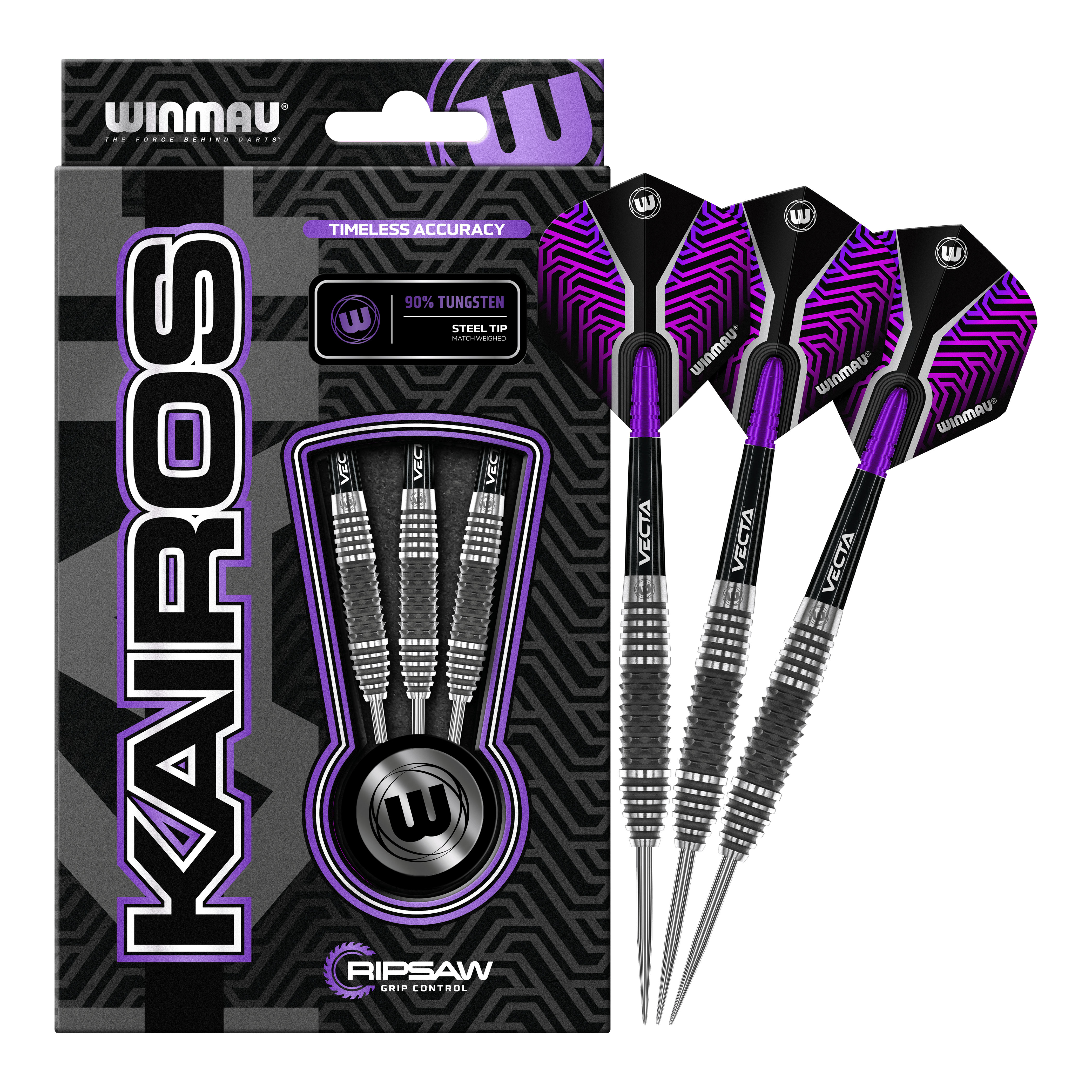 Dardos de acero Winmau Kairos 01 Das Bild zeigt eine Verpackung der "Winmau Kairos 01 Steeldarts" mit drei darin enthaltenen Darts. Die Darts haben ein modernes, schwarz-lila Design und sind als 90% Tungsten Stahldarts ausgewiesen.