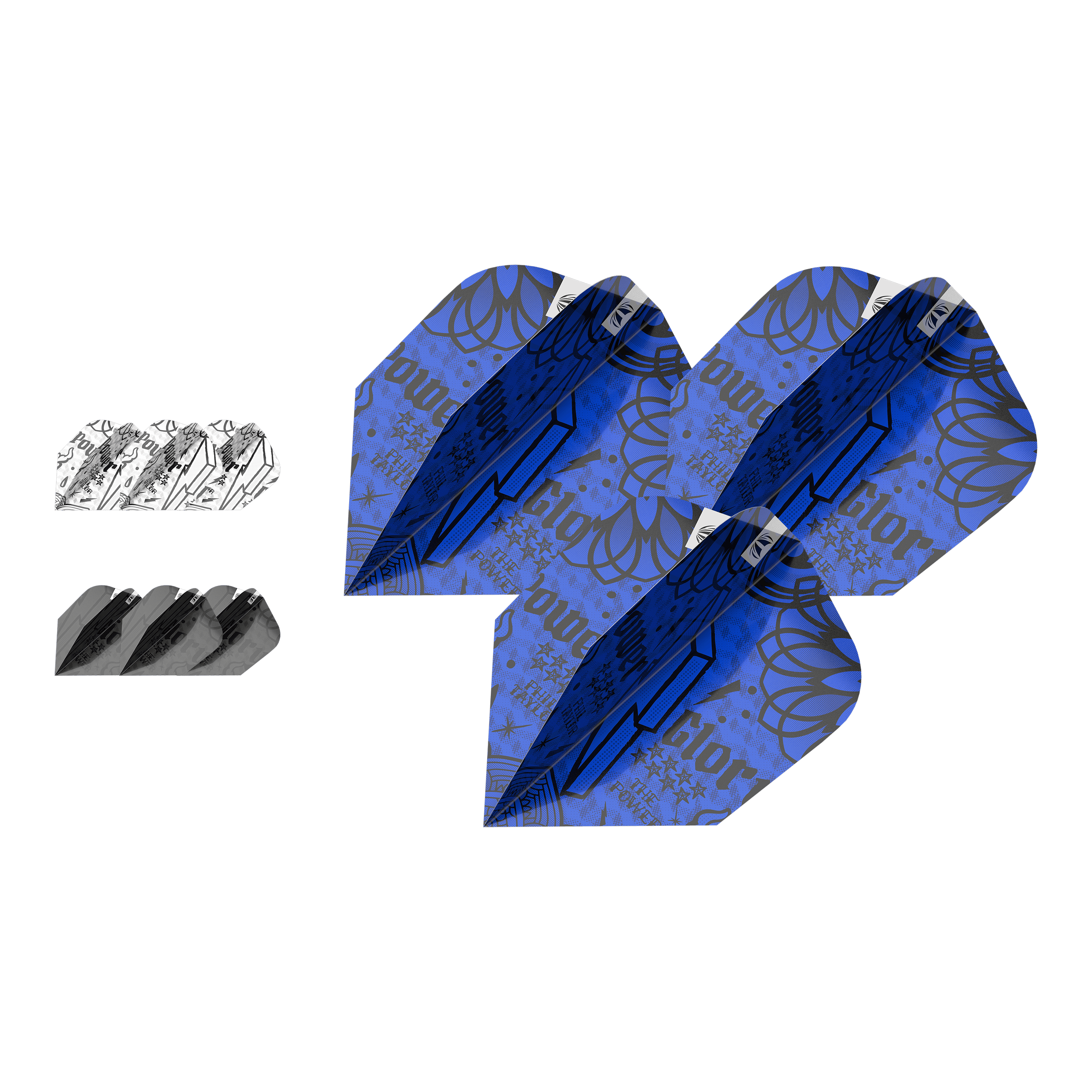 Target Ink Bundle 3 Sets Power Ten-X Flights Das Bild zeigt drei Sets von Target Ink Bundle Power Ten-X Flights in verschiedenen Farben und Designs. Die größten Flights sind blau mit auffälligen Mustern, während die anderen schwarz und weiß sind.