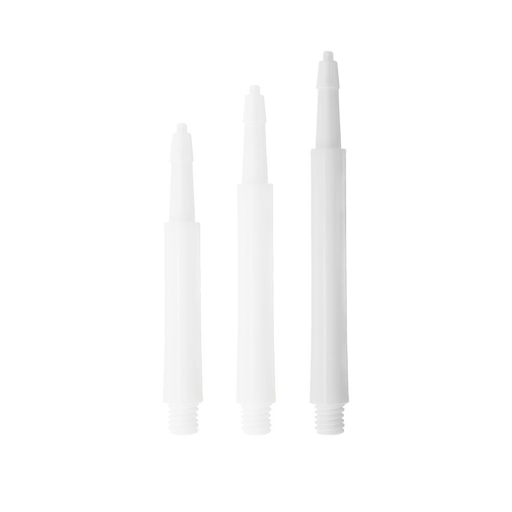 HRC12633W_Harrows_Clic_Standard_Shafts_Weiss_23mm_1HRduHnR5Wr7Ax Das Bild zeigt drei weiße Harrows Clic Standard Shafts in unterschiedlichen Längen. Die Shafts sind für den Einsatz bei Darts gedacht.