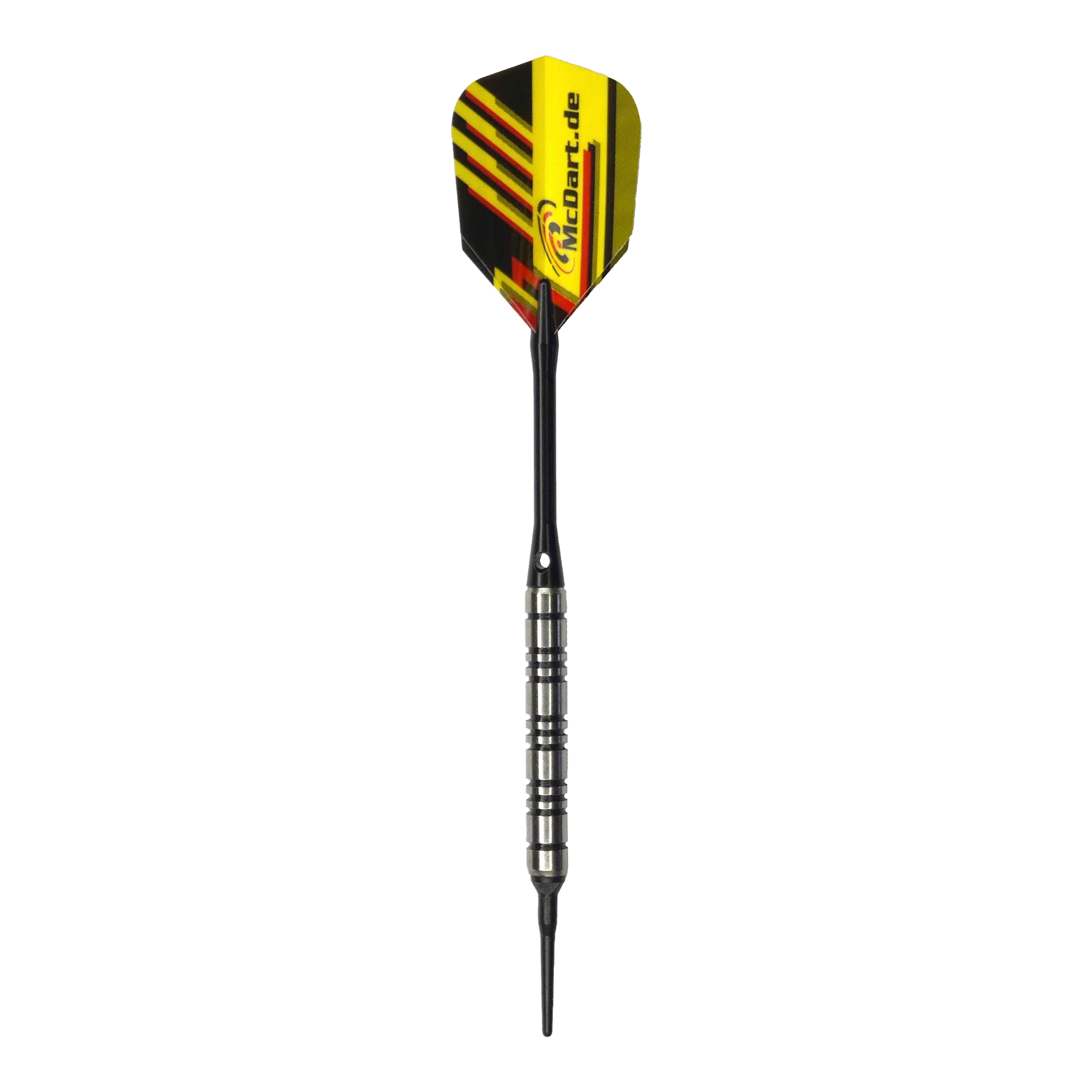 Dardos blandos McDart 85 Tungsten V2 - 17 g Das Bild zeigt einen McDart 85er Tungsten V2 Softdart mit einem Gewicht von 17 Gramm. Er hat einen silbernen Barrel und ein gelb-schwarzes Flight mit McDart.de-Aufdruck.