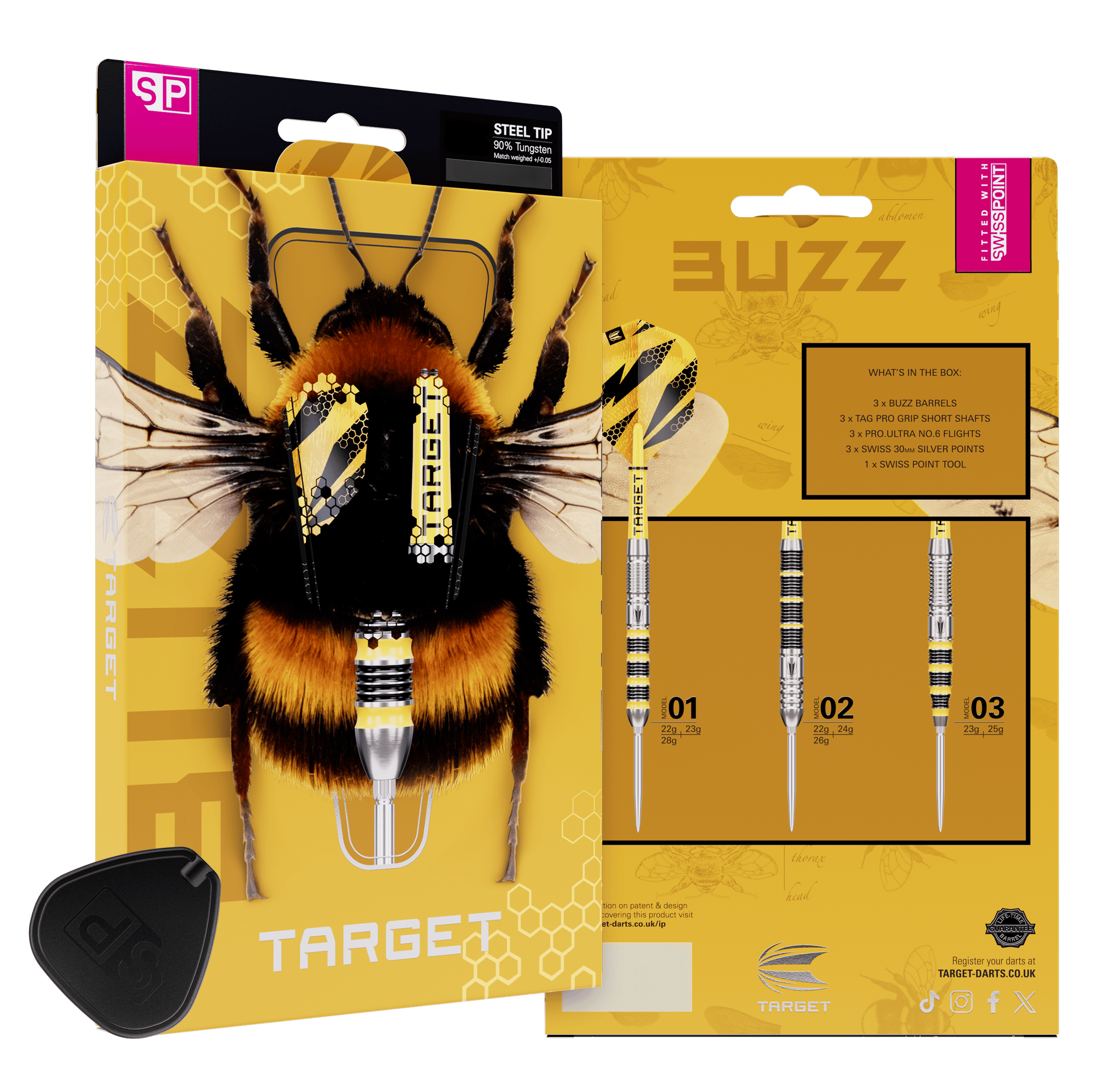 Dardos de acero Target Buzz 02 Swiss Points Abgebildet sind die Target Buzz 02 Swiss Points Steeldarts. Die Darts liegen ordentlich angeordnet auf hellem Hintergrund.