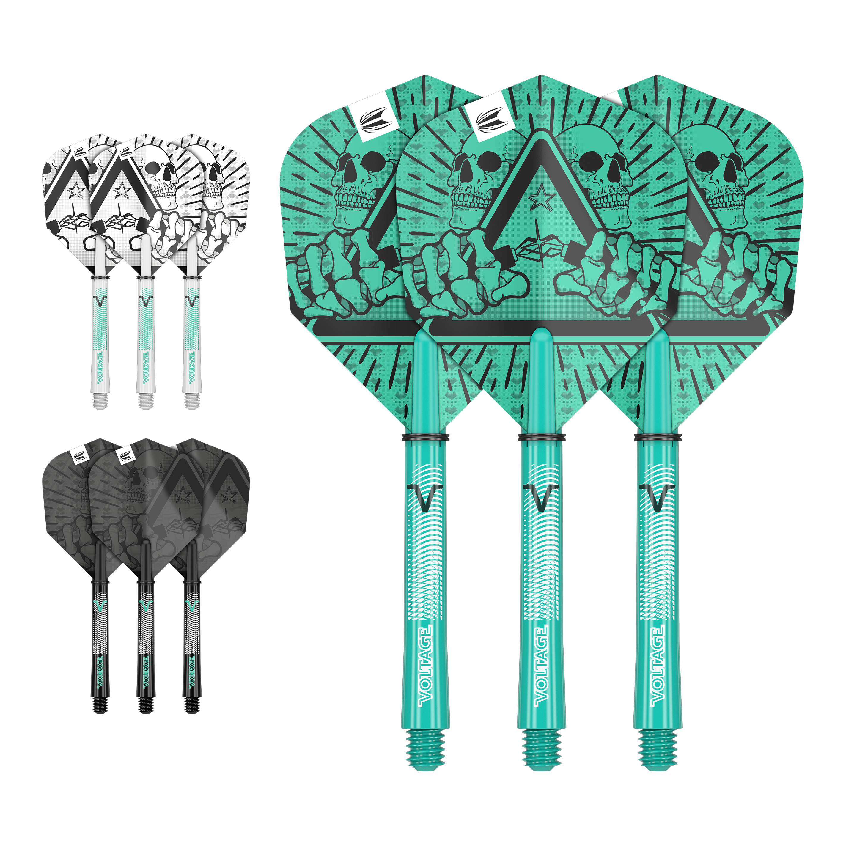 Das Bild zeigt drei Sätze von Dartflights und -schäften in unterschiedlichen Farben und Designs. Die größten Flights haben ein auffälliges grünes Motiv mit einem Totenkopf und einer Hand.