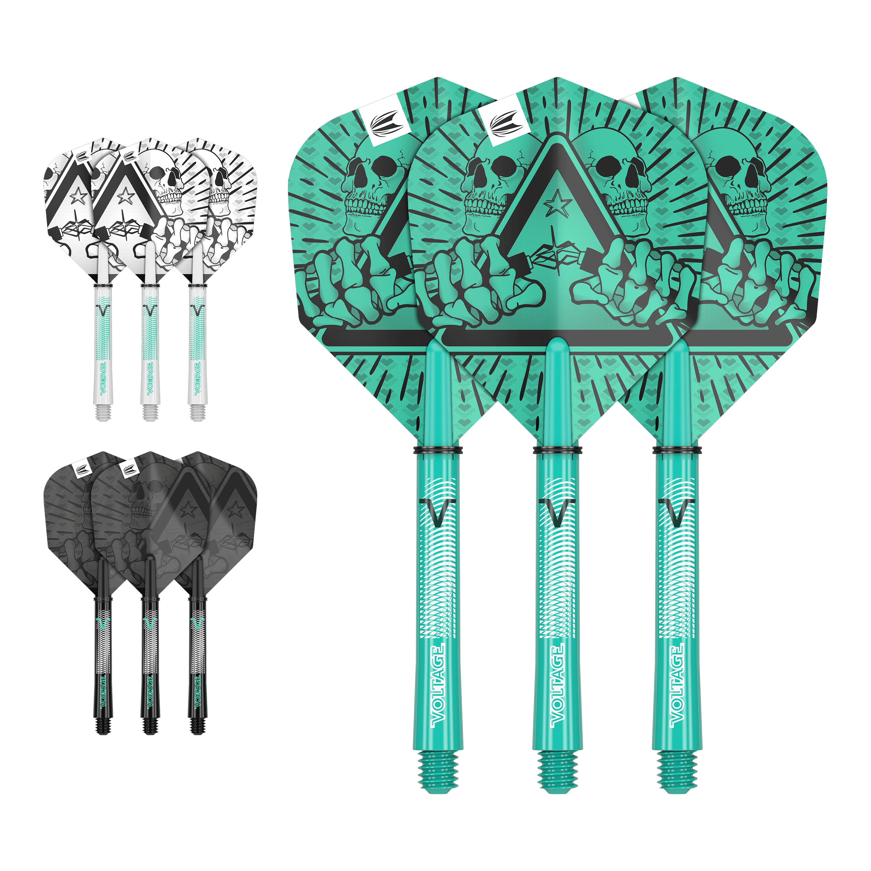 Kit de eje de vuelo Target Ink de Rob Cross Das Bild zeigt drei Sätze von Dartflights und -schäften in unterschiedlichen Farben und Designs. Die größten Flights haben ein auffälliges grünes Motiv mit einem Totenkopf und einer Hand.