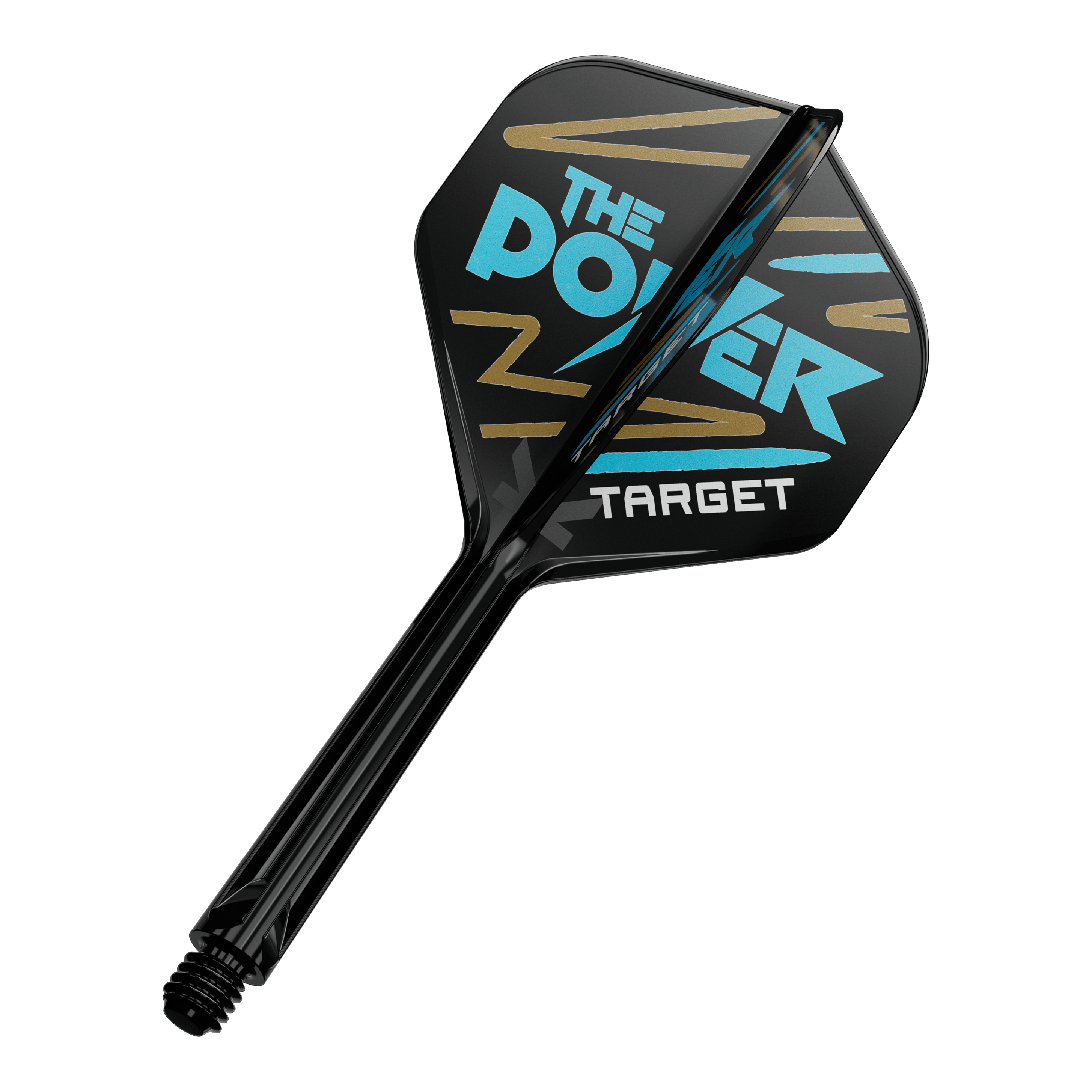 Sistema de varilla de vuelo estándar Target K-Flex Phil Taylor No.2 Auf dem Bild ist ein Dartpfeil mit schwarzer Flight zu sehen. Auf der Flight steht in blauer und weißer Schrift "The Power" und "Target" mit goldenen Zierstreifen.