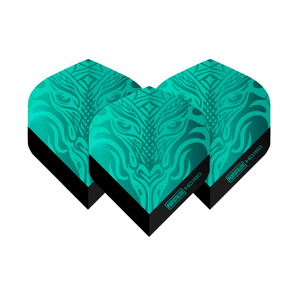 Plumas estándar Pentathlon HD150 Metallic Aqua Das Bild zeigt drei Dart-Flights des Produkts "Pentathlon HD150 Metallic Aqua Standard Flights". Sie sind in einer metallic-aqua Farbe mit einem auffälligen Muster gestaltet.