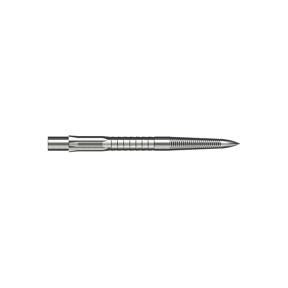Das Bild zeigt eine silberne Steeldartspitze mit feinem Mikrorillen-Grip. Die Spitze ist gerade und hat eine Länge von 28 mm.