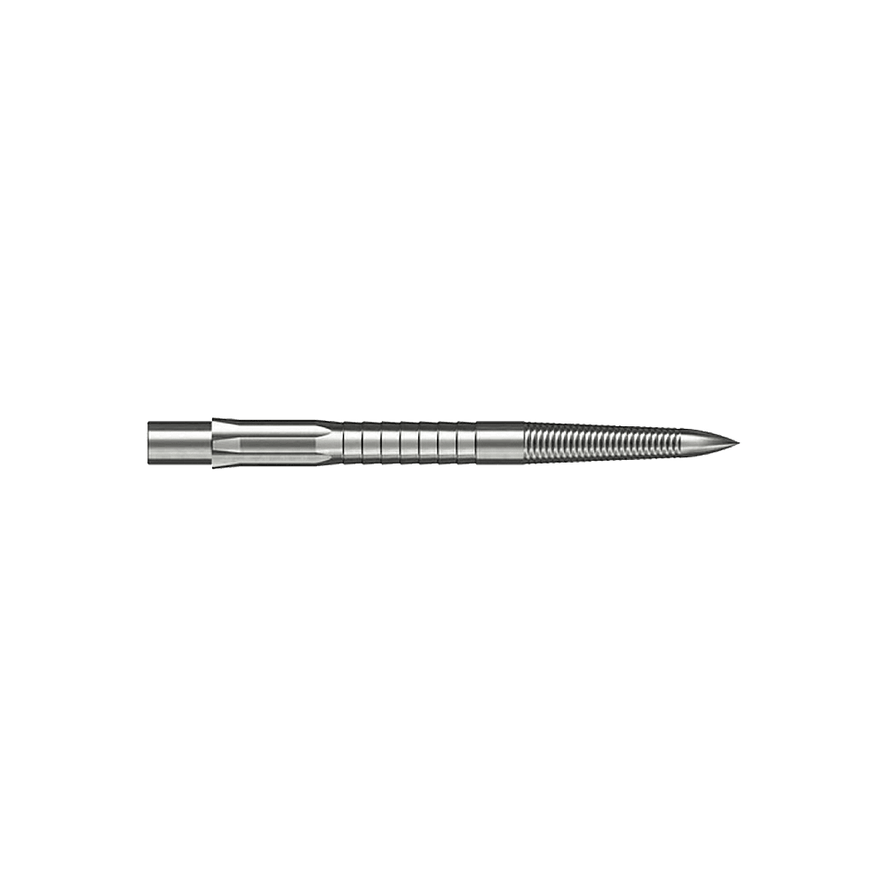 Puntas de dardos Caliburn System de acero - Micro Grip - Plateadas Das Bild zeigt eine silberne Steeldartspitze mit feinem Mikrorillen-Grip. Die Spitze ist gerade und hat eine Länge von 28 mm.