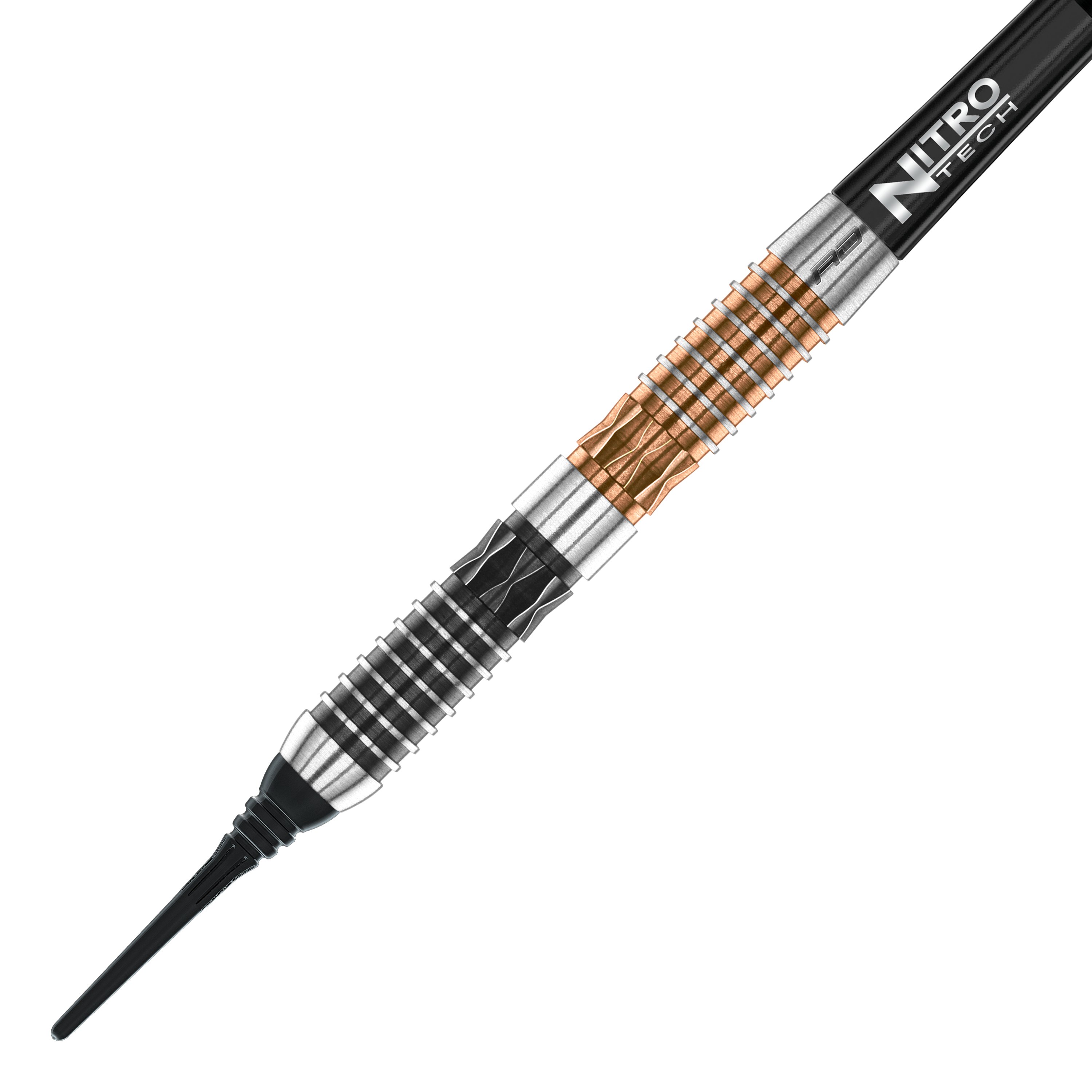 Dardos blandos Red Dragon Panterra - 20 g Das Bild zeigt einen Red Dragon Panterra Softdart mit einem Gewicht von 20g. Der Dartpfeil hat ein auffälliges Design mit schwarzen, silbernen und bronzefarbenen Elementen.