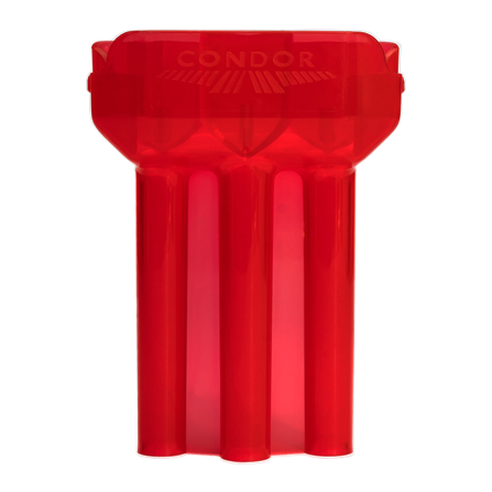Estuche para dardos Condor DUAL Das Bild zeigt ein rotes, durchsichtiges Dart-Etui der Marke Condor. Das Etui hat drei längliche Fächer für Dartpfeile.